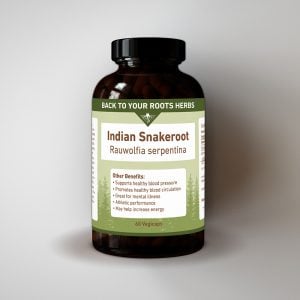 A bottle of Back To Your Roots Herbs Indian Snakeroot, containing 60 Rauwolfia serpentina vegicaps for cardiovascular support.