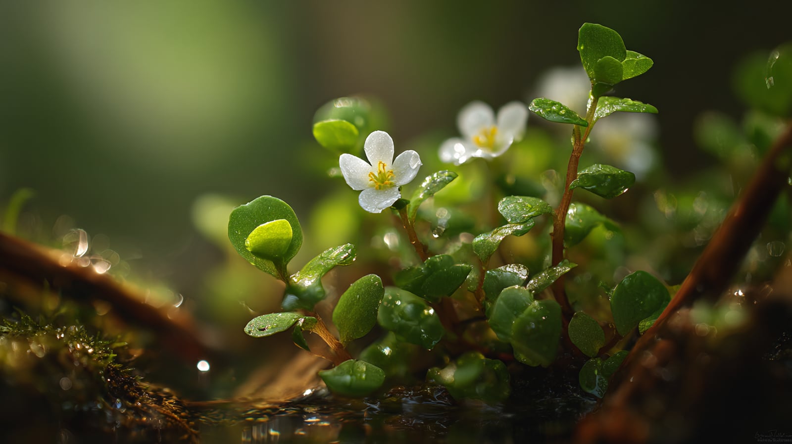 The Bacopa Monnieri plant, also known as Brahmi, with its small green leaves and white flowers, used in Ayurveda for memory.