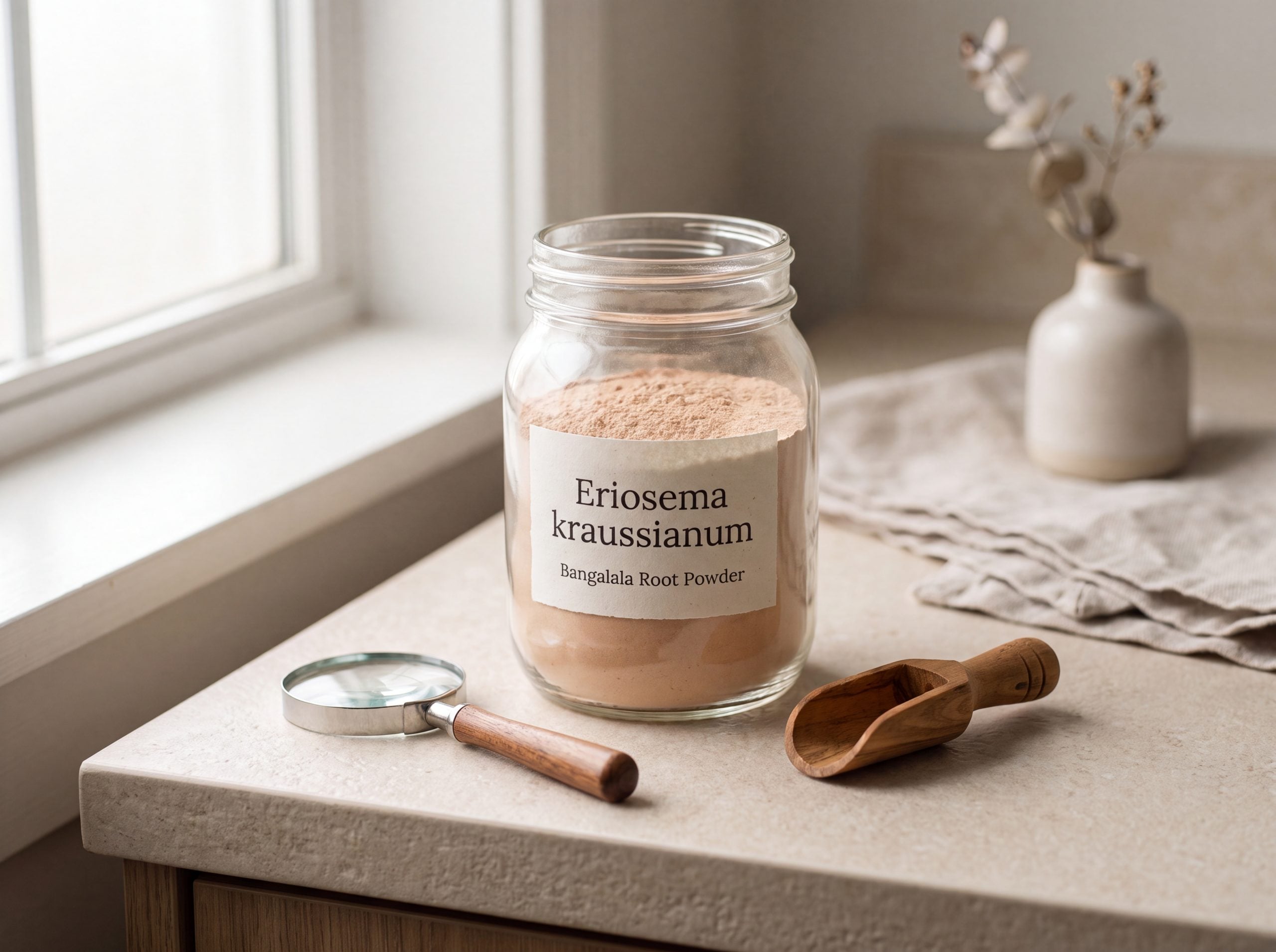 Bangalala root powder jar labeled Eriosema kraussianum beside a magnifying glass for identity verification