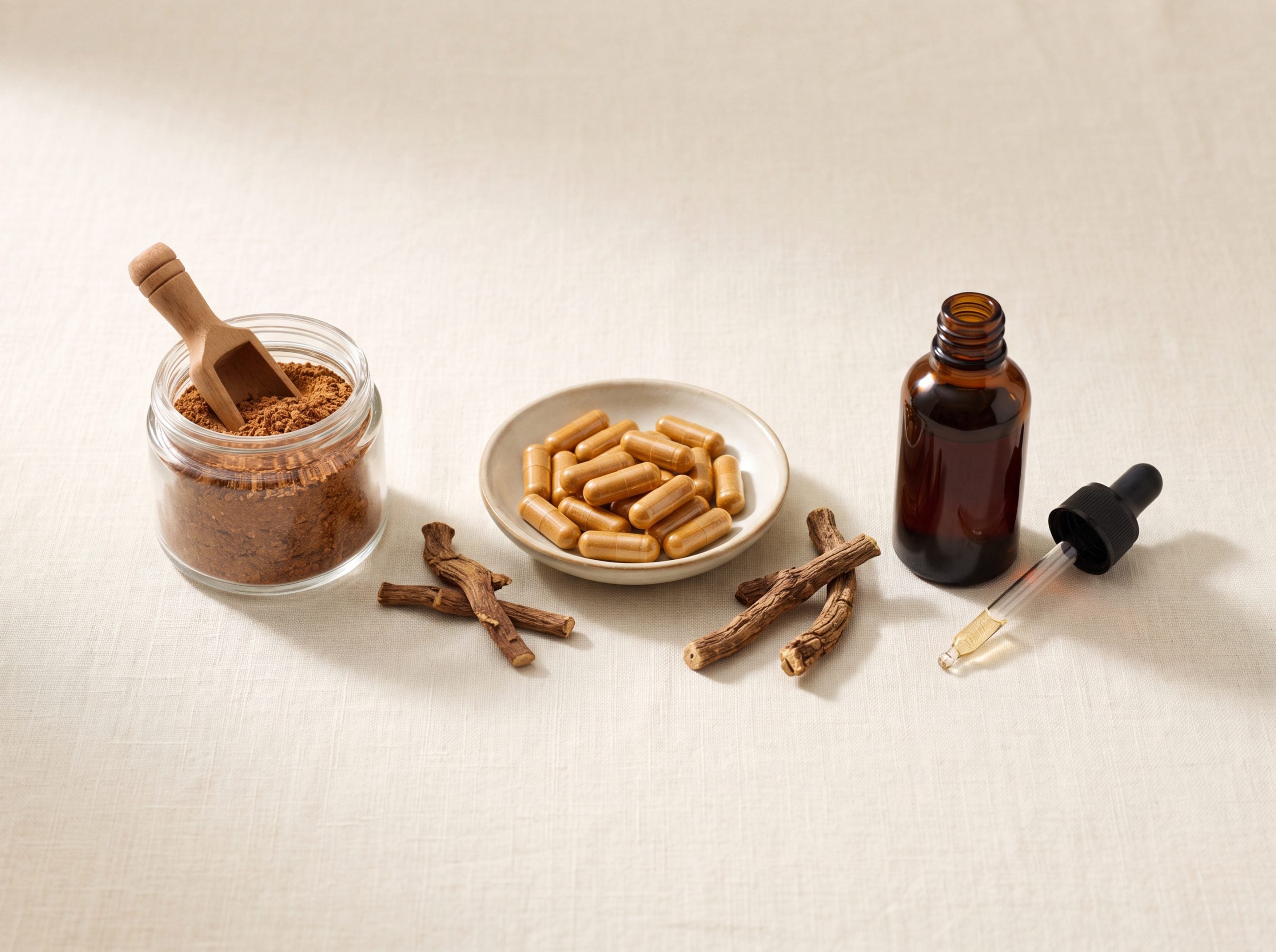 Bangalala root powder, capsules, and tincture shown side by side as the three available forms