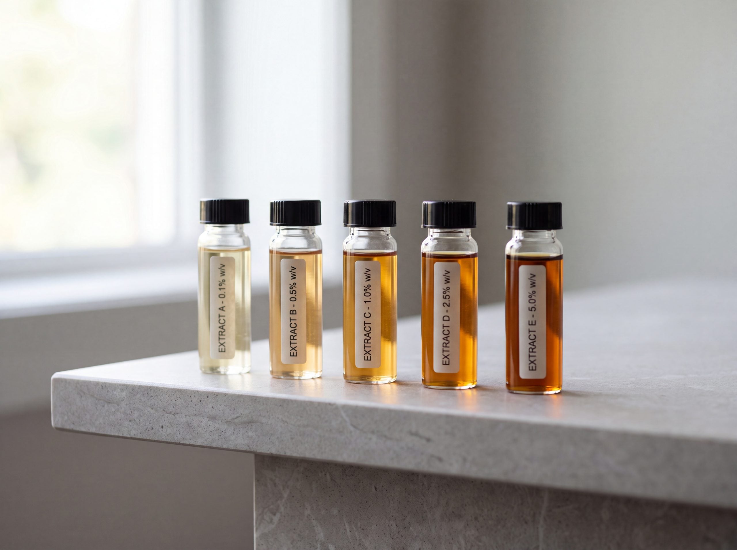 Row of extract vials illustrating that Bangalala's five pyrano-isoflavone compounds vary in activity
