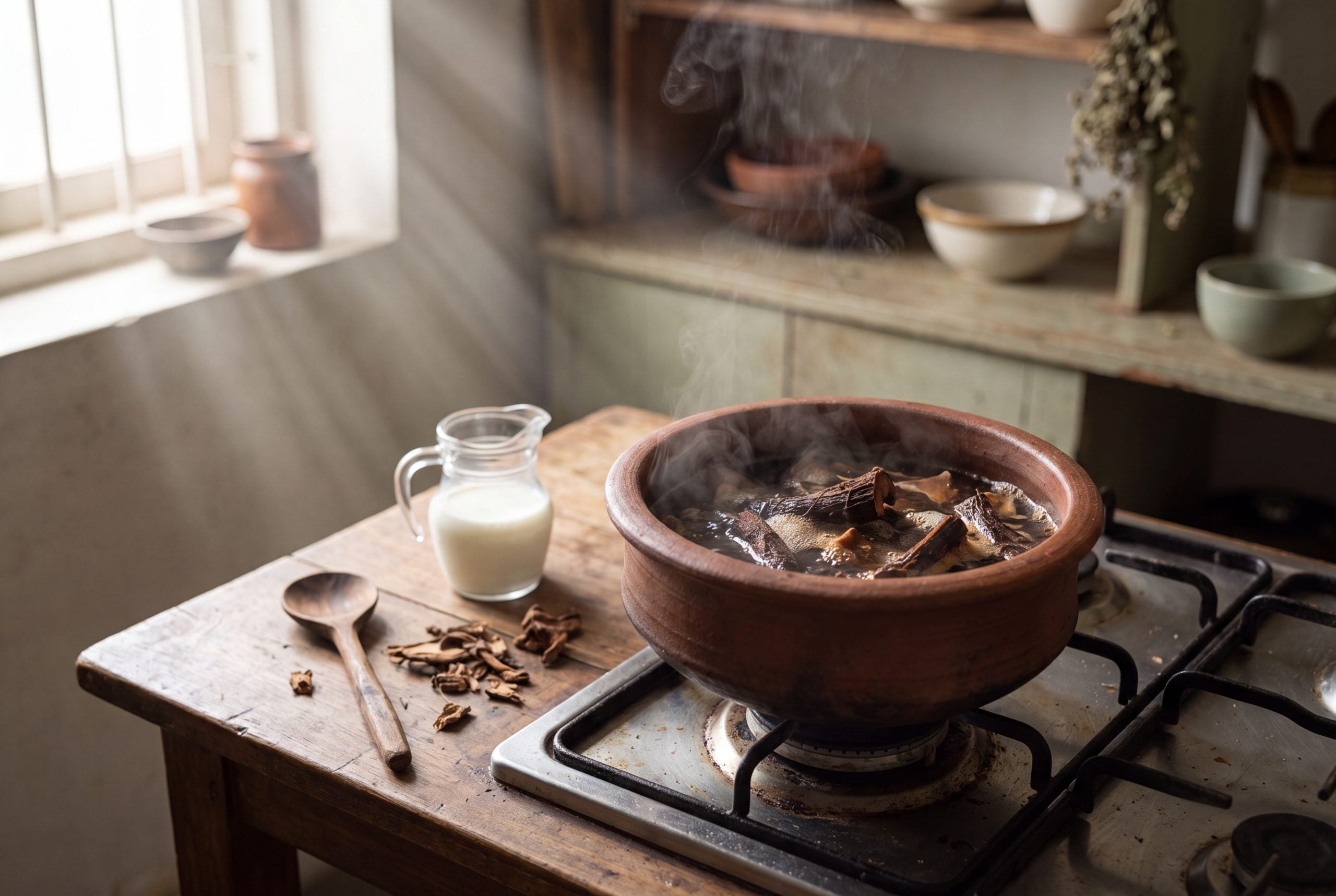Bangalala root simmering as a traditional decoction with milk prepared alongside in a home kitchen