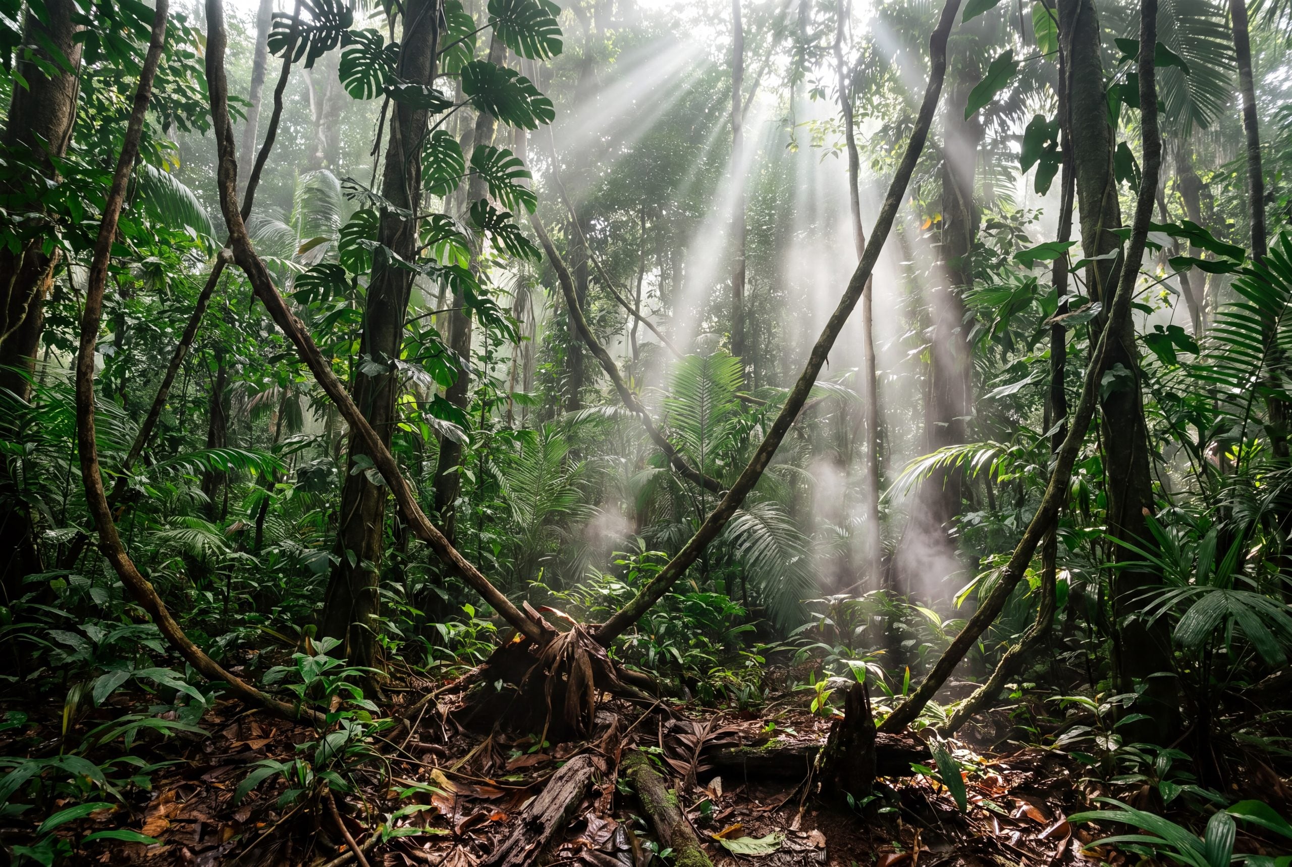 Humid Amazonian rainforest understory with woody lianas climbing through the mid-storey in morning mist