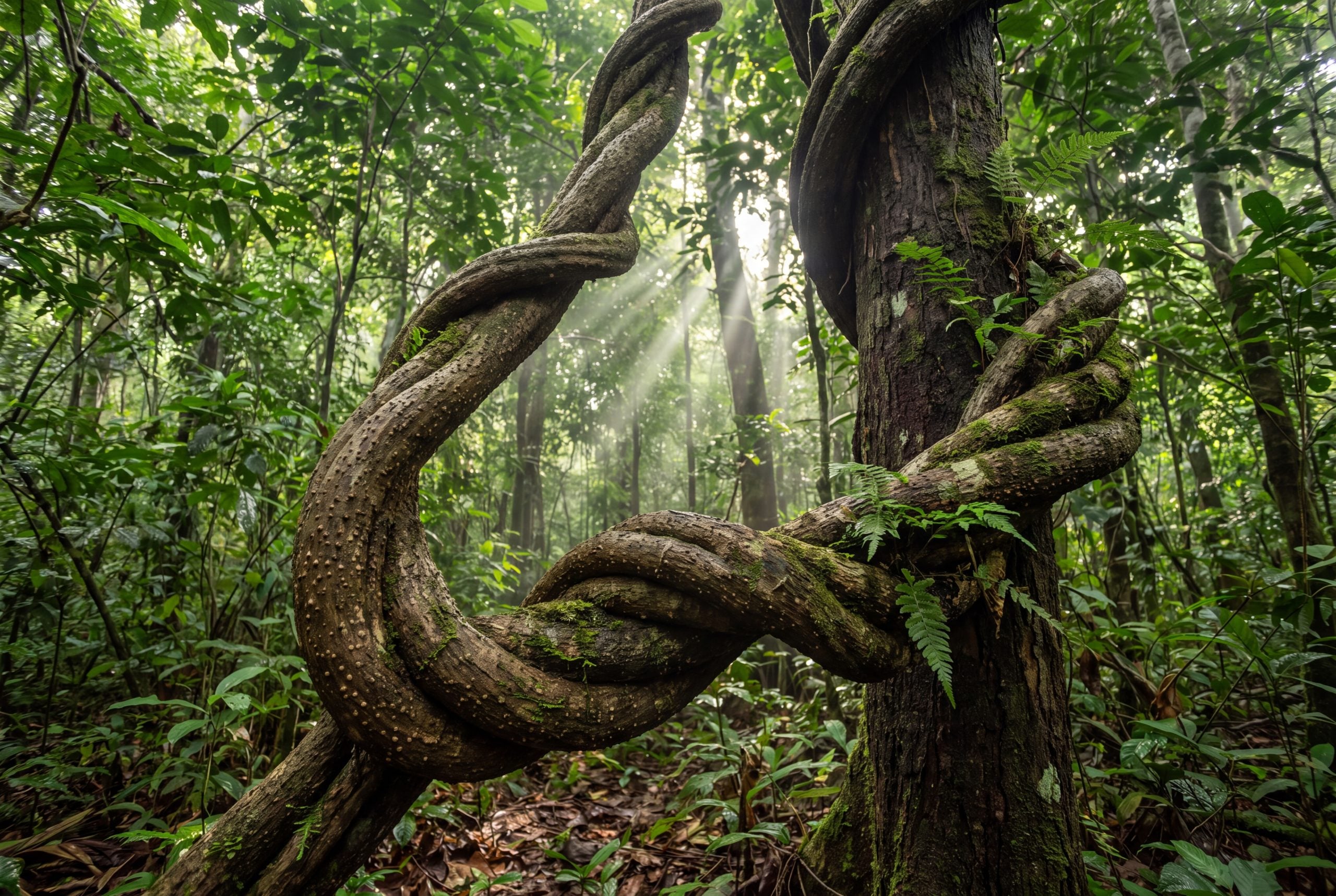 Knotted woody stem of a living Banisteriopsis caapi liana spiralling up a host tree in rainforest