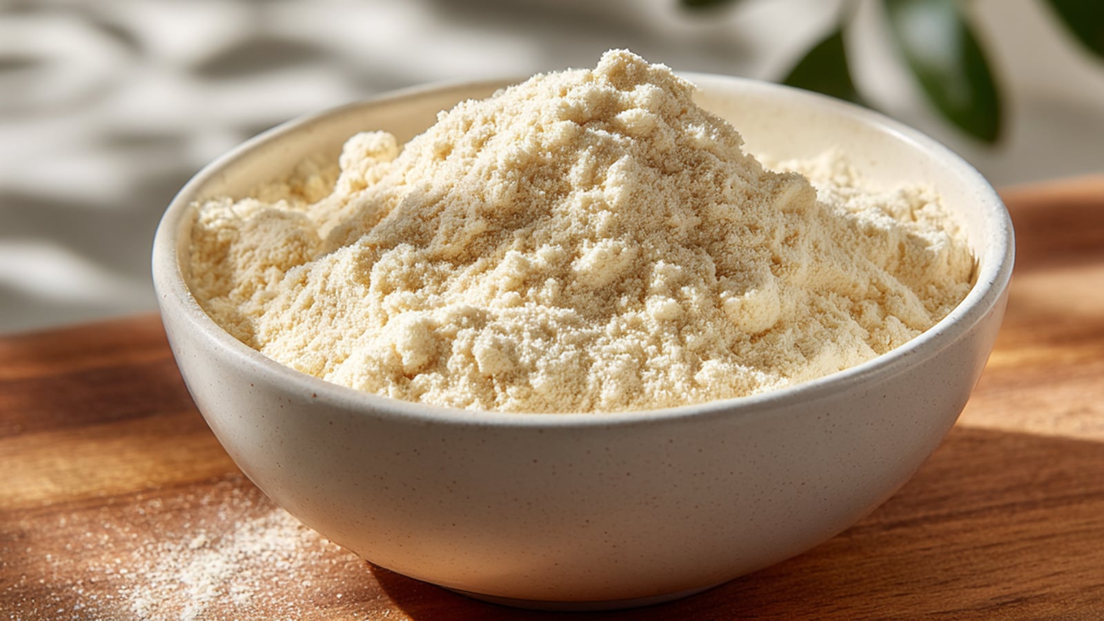 A white bowl filled with fine, off-white baobab powder, showing its texture.
