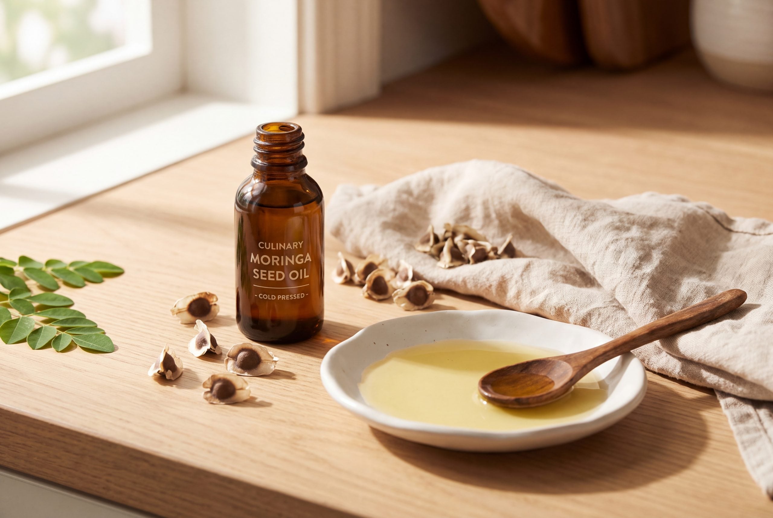 Food-grade cold-pressed moringa seed oil in a kitchen setting with raw moringa seeds, showing its culinary rather than cosmetic use.