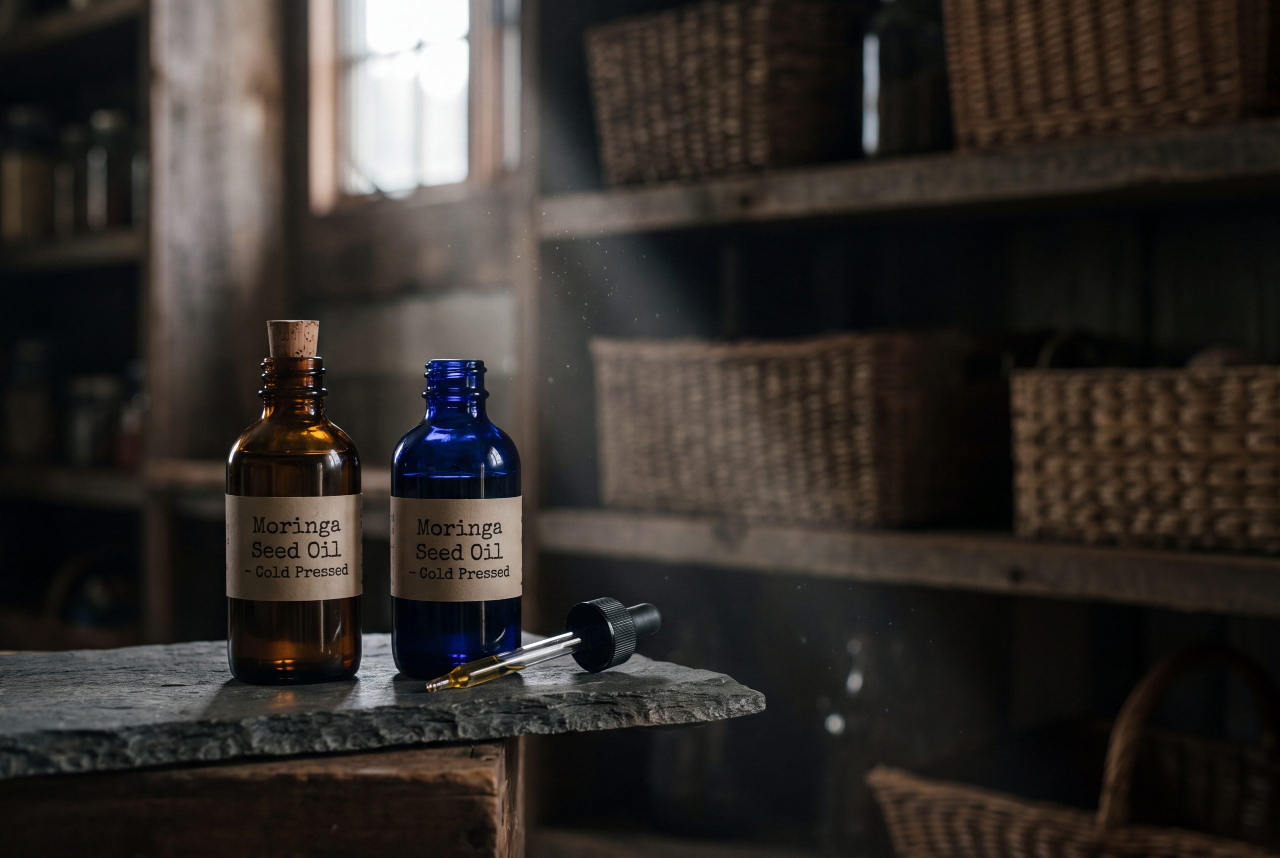 Dark glass bottles of cold-pressed moringa seed oil stored away from heat and light to protect shelf life and oxidative stability.