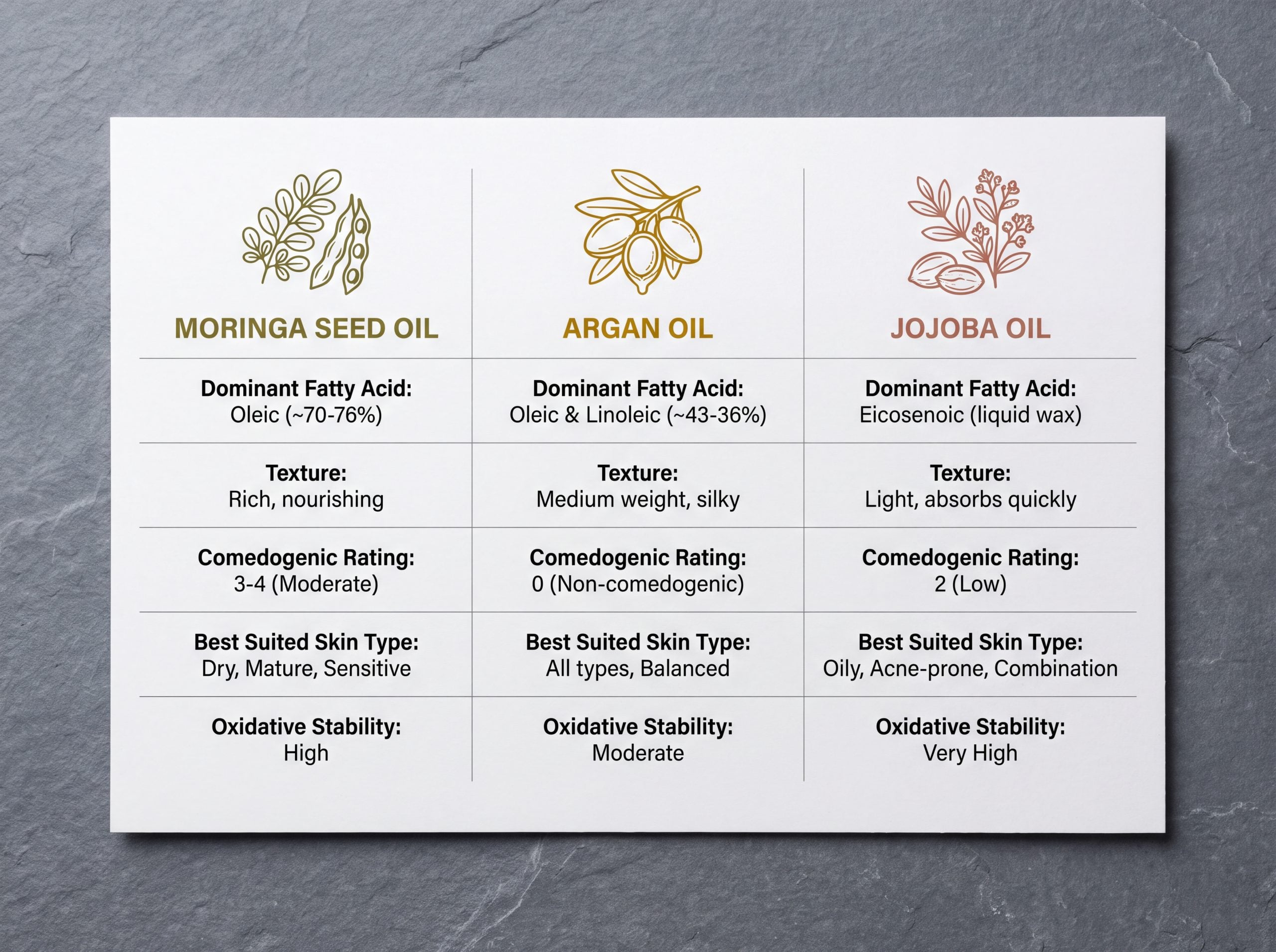 Comparison infographic of moringa seed oil, argan oil and jojoba oil across fatty acid profile, texture, comedogenic rating and stability.