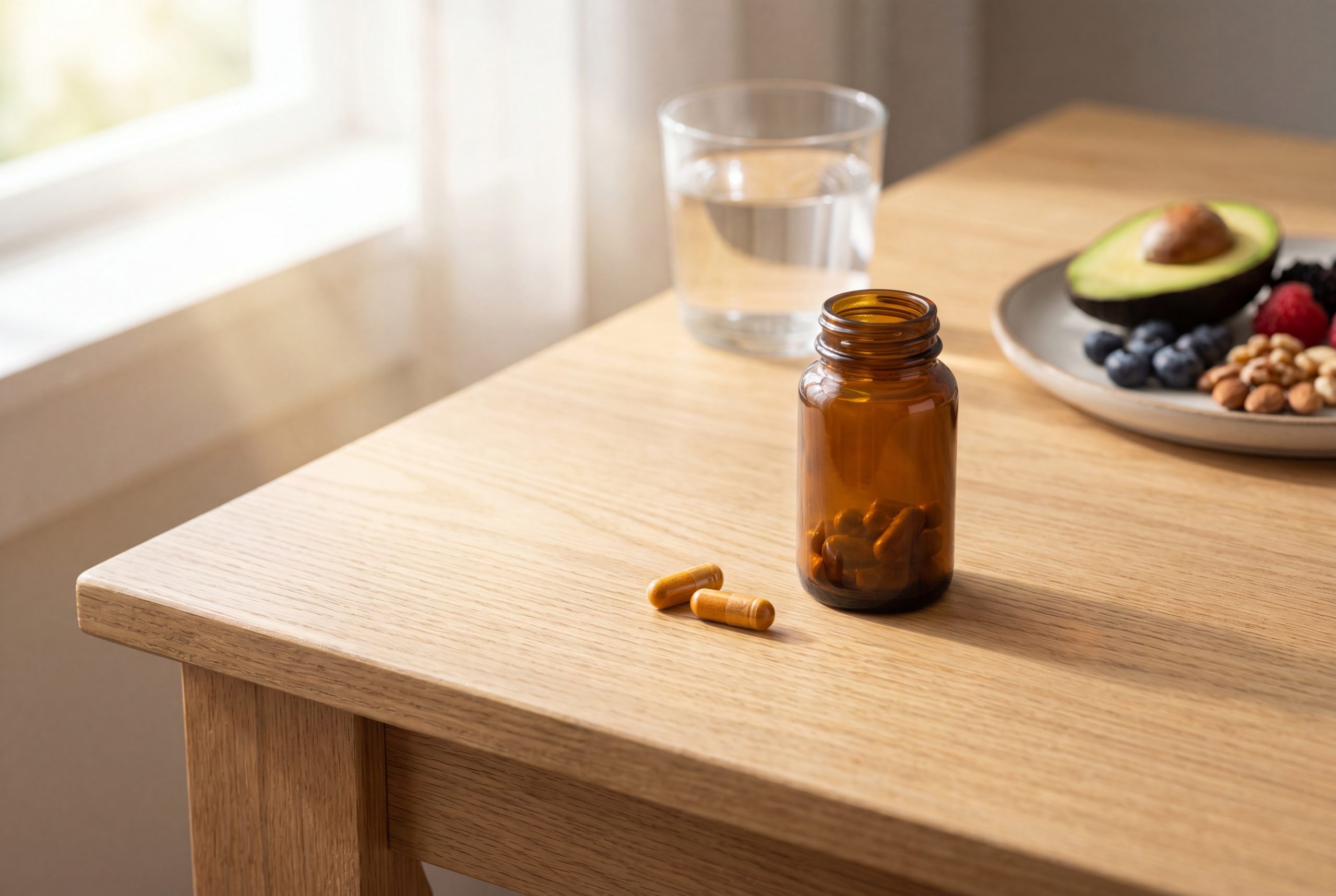 Berberine capsules beside a glass of water and a meal illustrating taking berberine with food