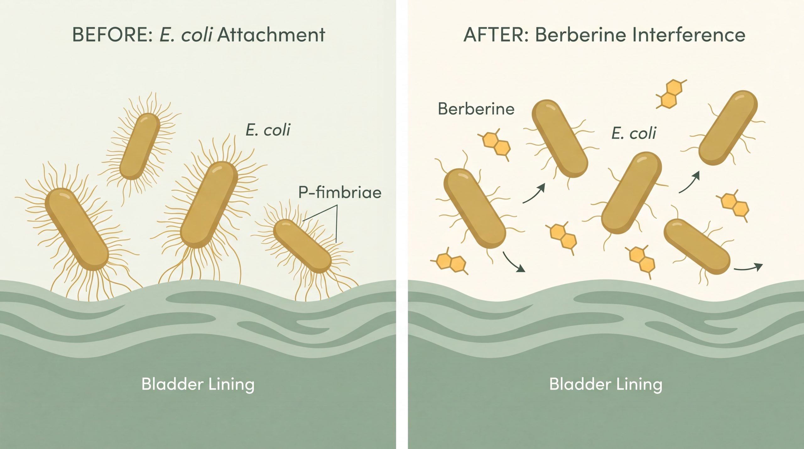 Infographic showing berberine reducing E. coli P-fimbriae adhesion to the bladder wall