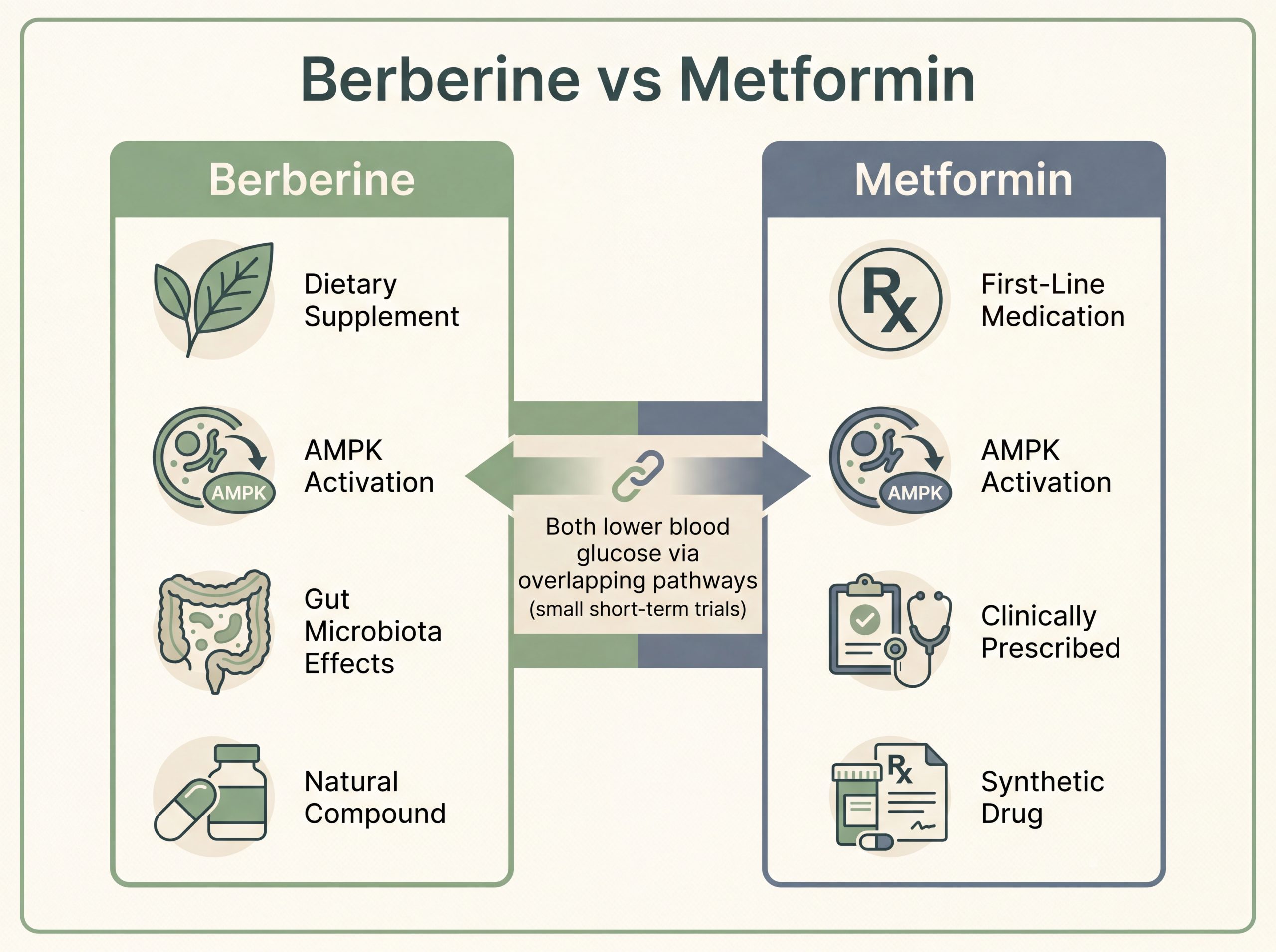 Comparison infographic of berberine and metformin showing shared AMPK and blood glucose pathways