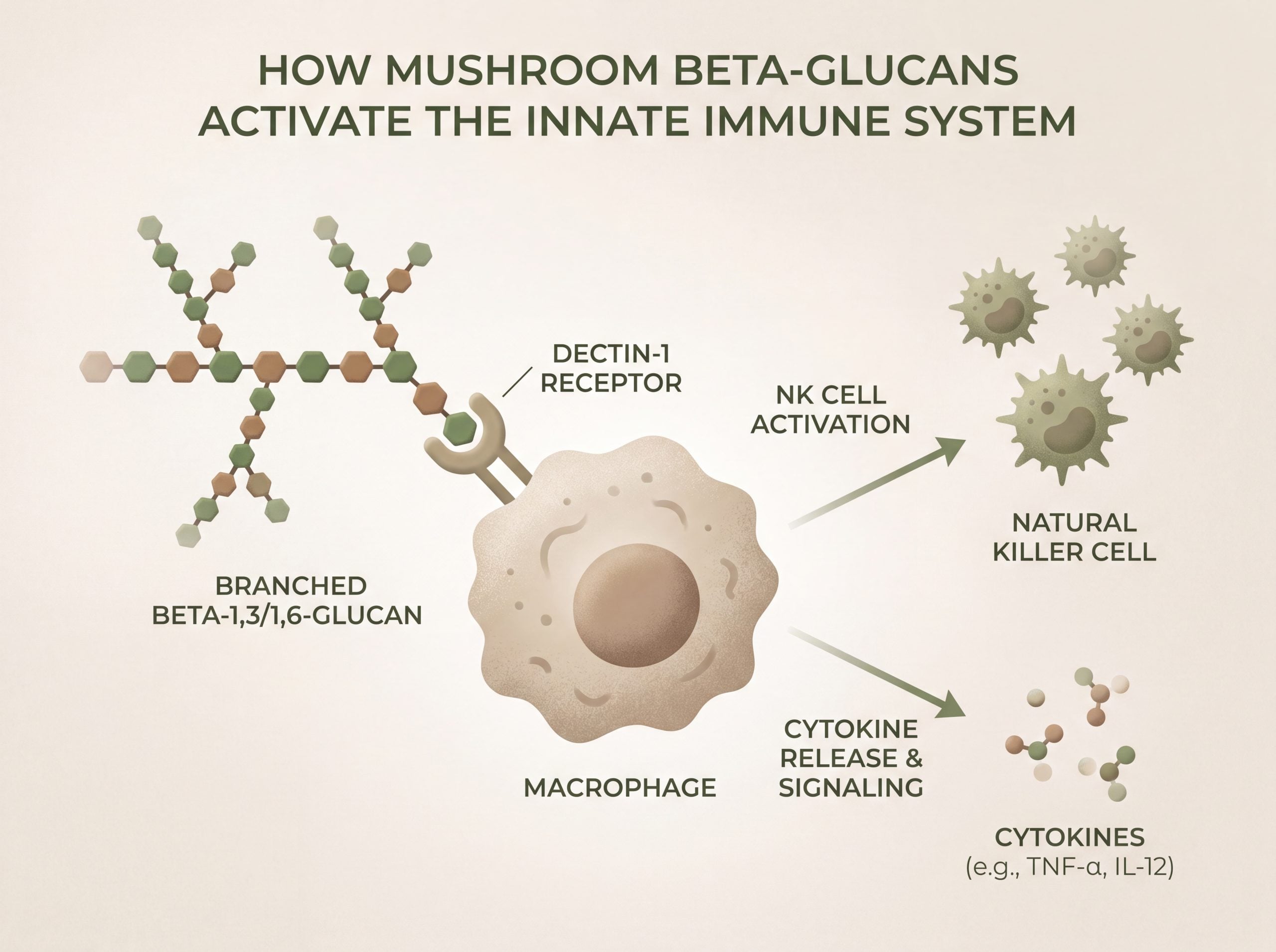 Infographic showing mushroom beta-glucans activating immune cells through the Dectin-1 receptor