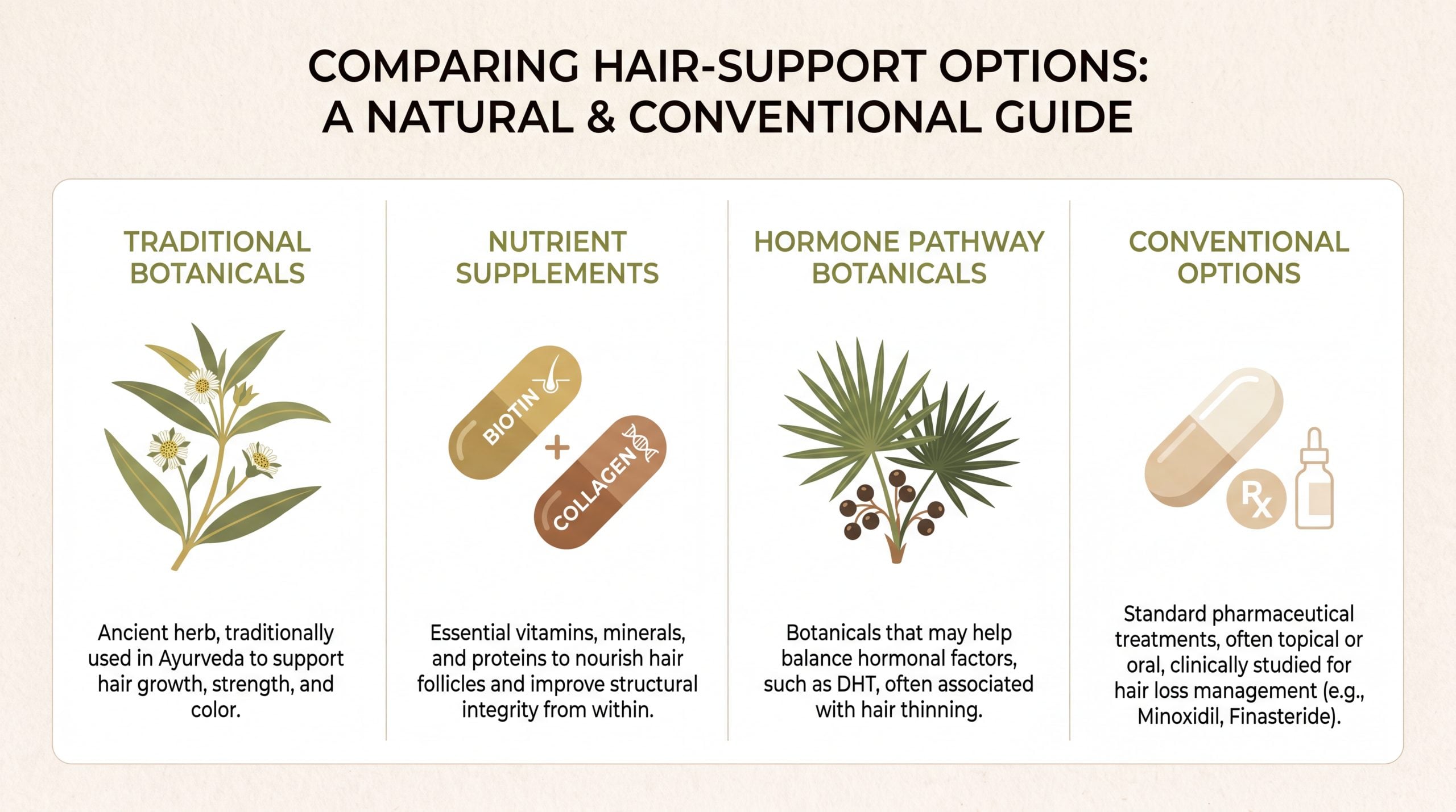 Infographic comparing Bhringraj with biotin, collagen, and saw palmetto hair supplements