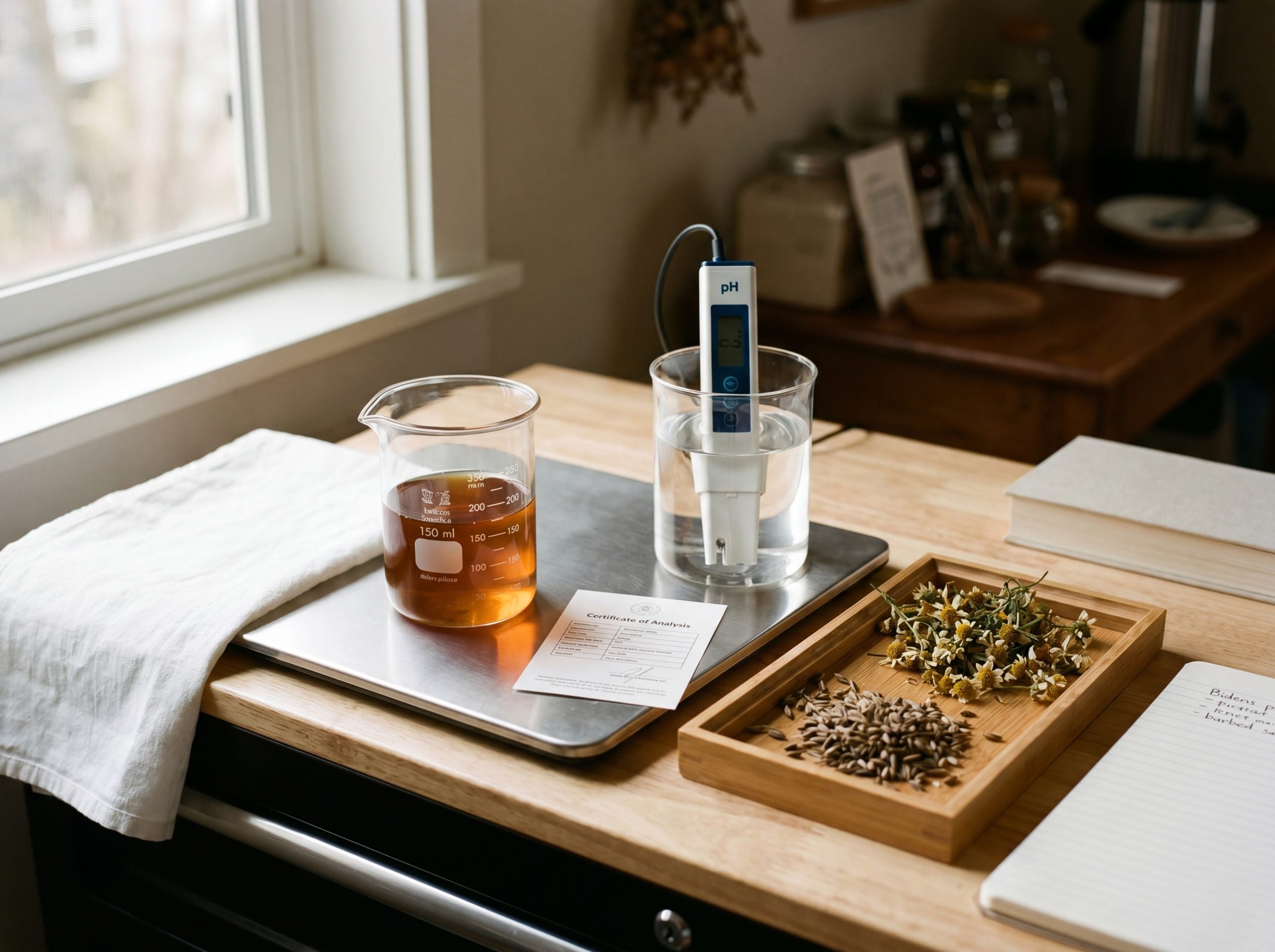 Bidens pilosa tincture quality testing bench with certificate of analysis and reference samples
