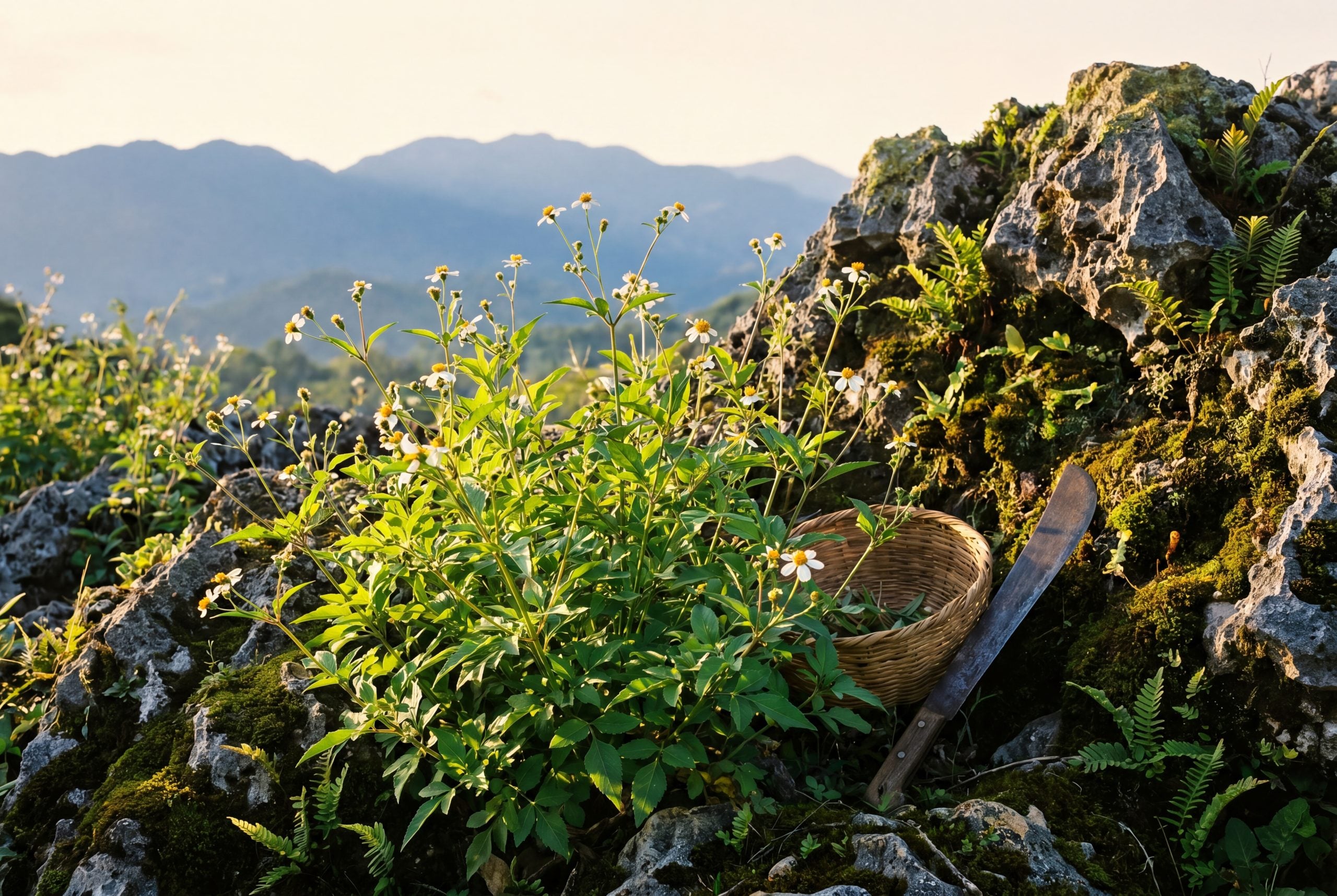 Wild Bidens pilosa Spanish needle plants growing in central Jamaican karst limestone terroir
