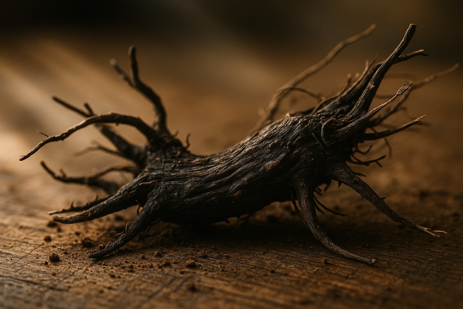 A close-up photograph of the dark, gnarled root of Actaea racemosa, also known as Black Cohosh.
