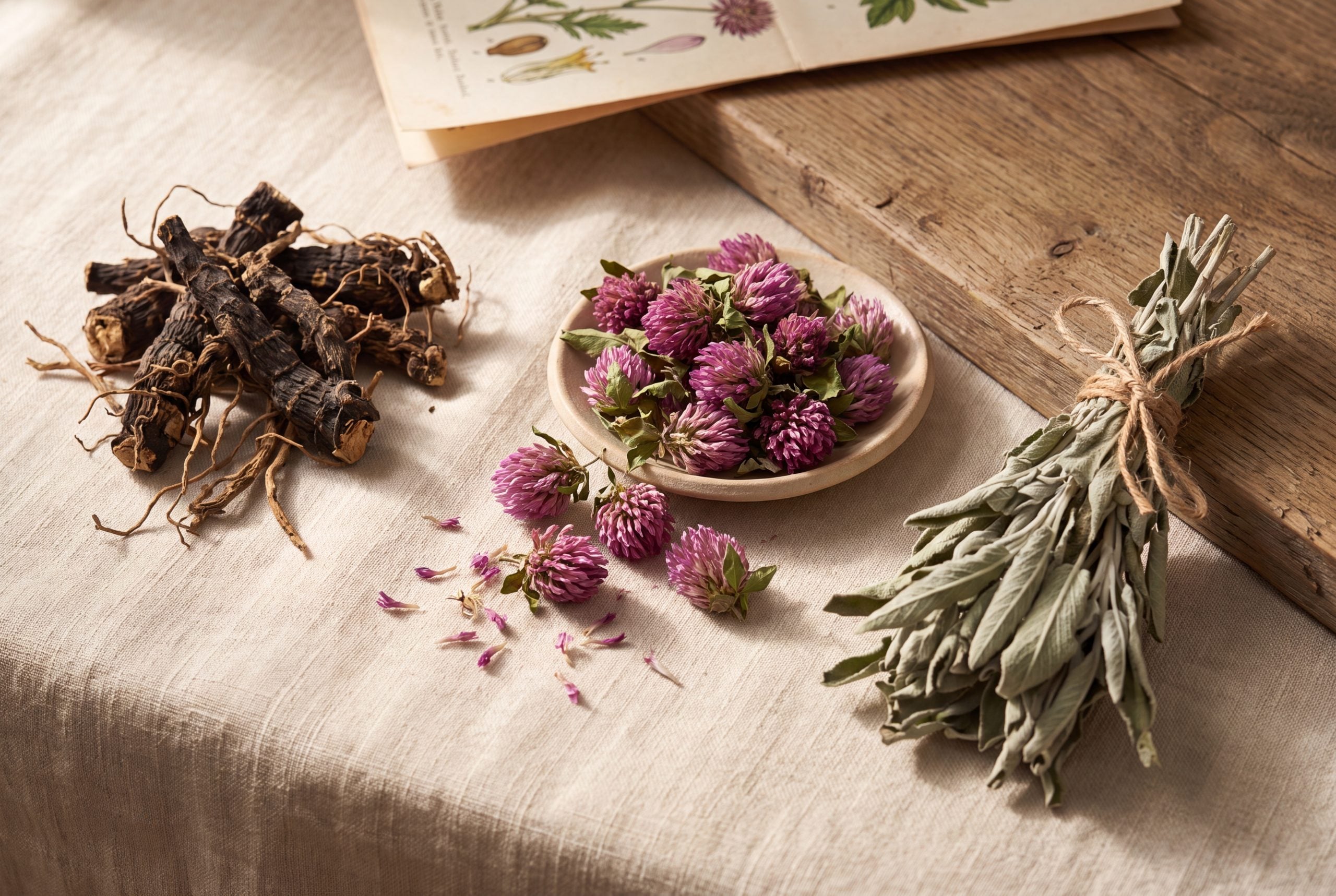 Dried black cohosh rhizome, red clover blossoms, and sage leaves arranged on linen, the three herbs most studied for hot flashes.