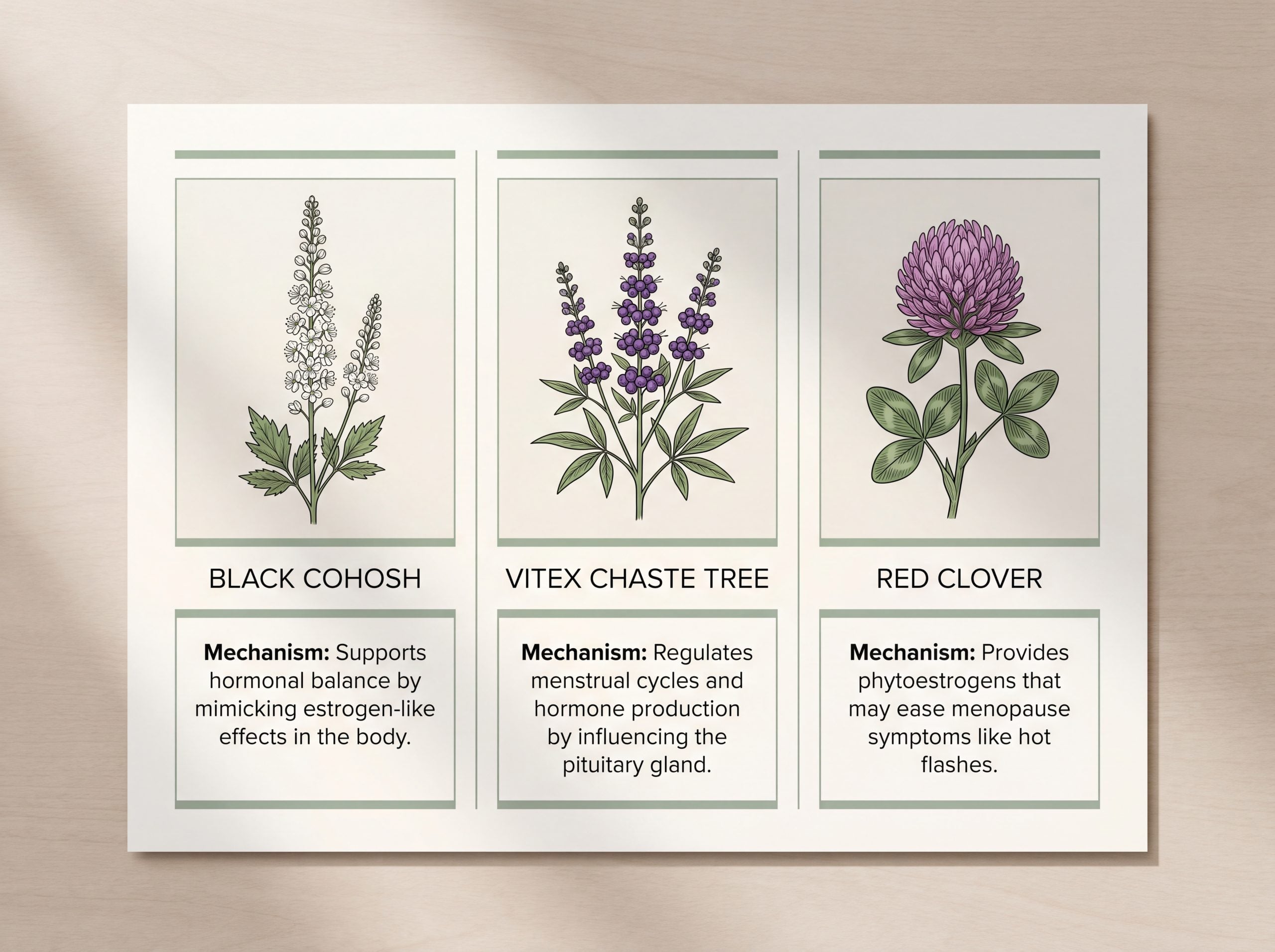 Infographic comparing black cohosh, vitex, and red clover mechanisms for women's health support
