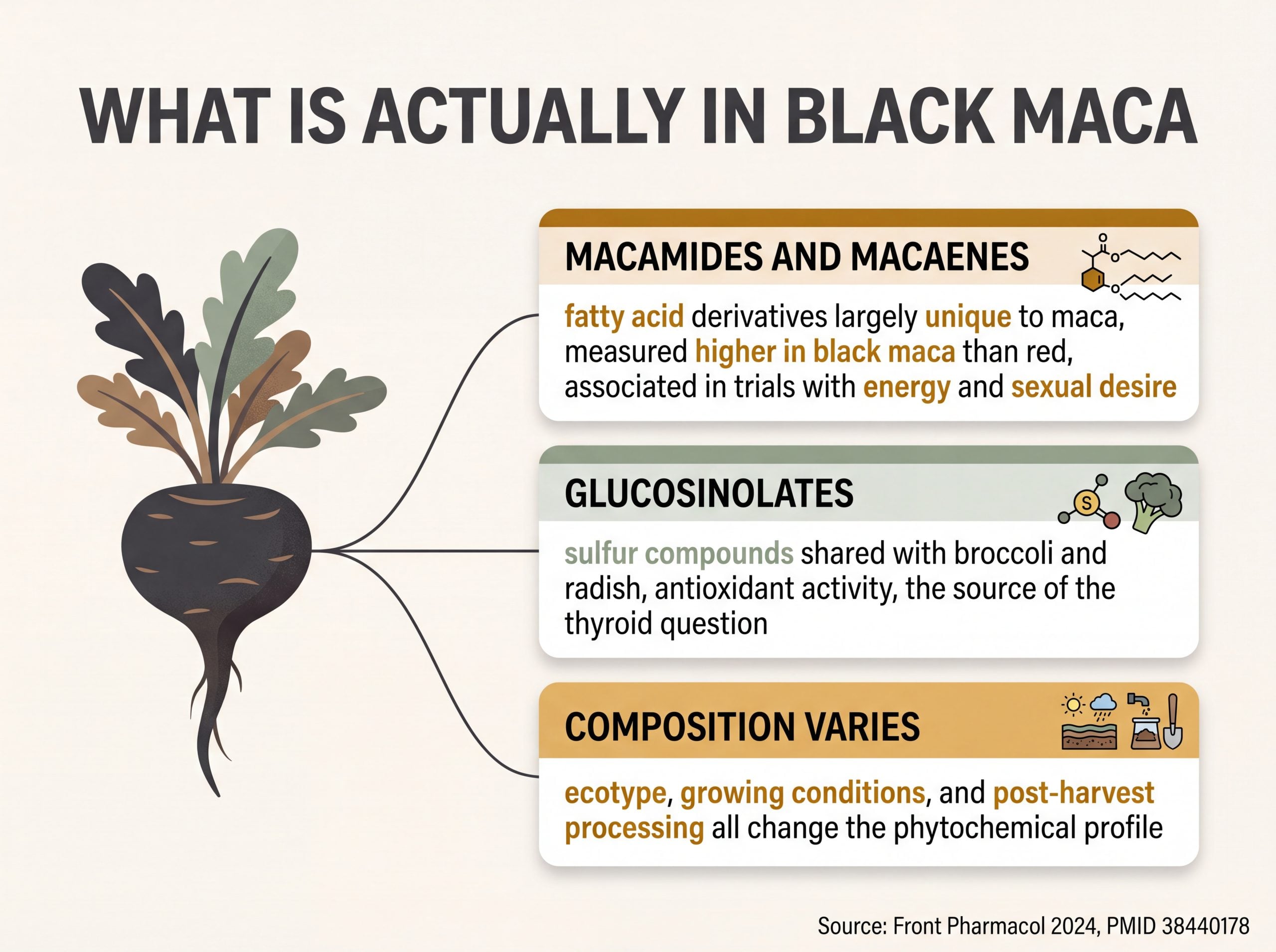 Infographic showing black maca active compounds including macamides, macaenes, and glucosinolates and how processing changes them