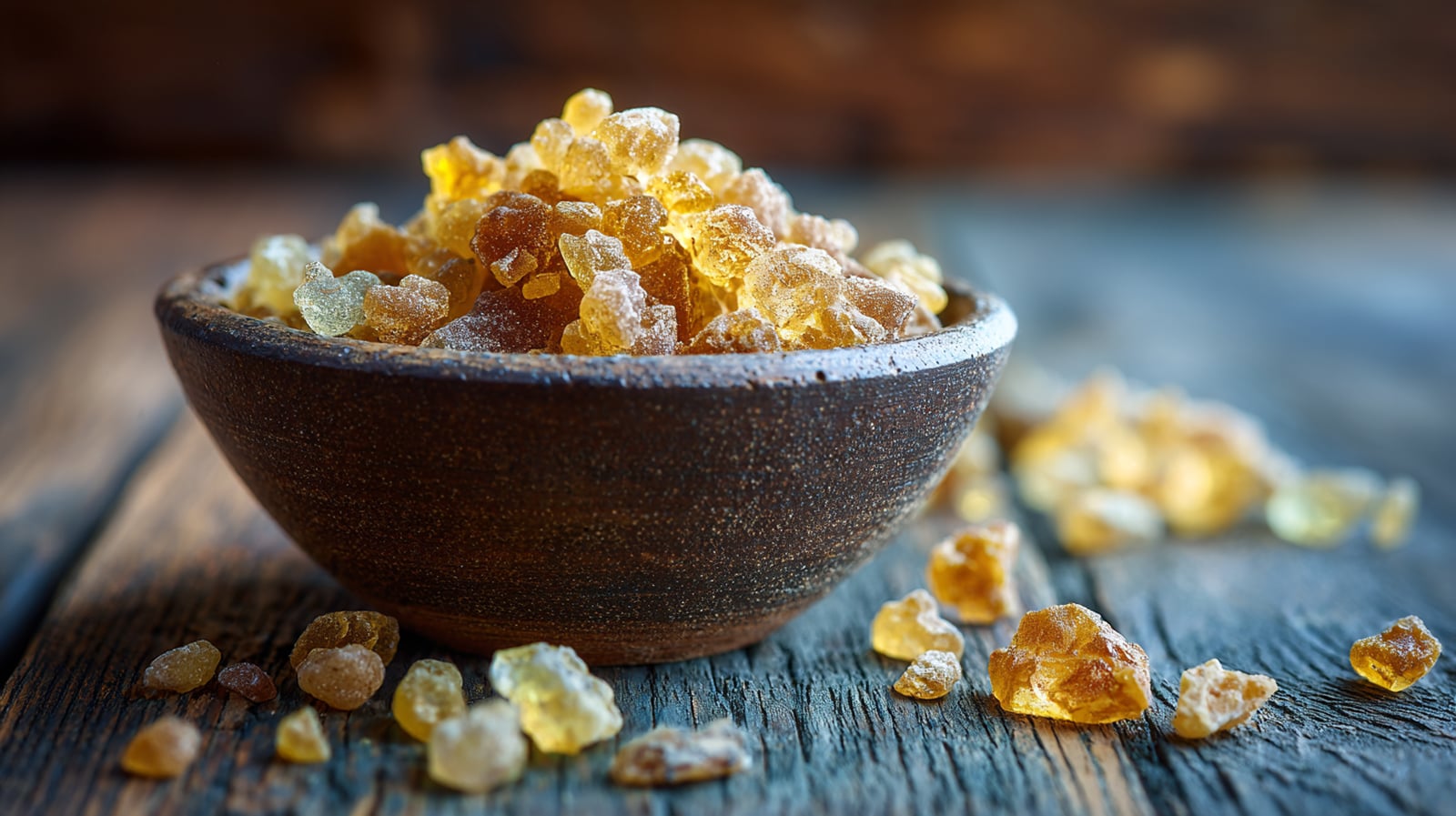 A small bowl of golden Boswellia serrata resin, an herbal supplement used for arthritis pain.