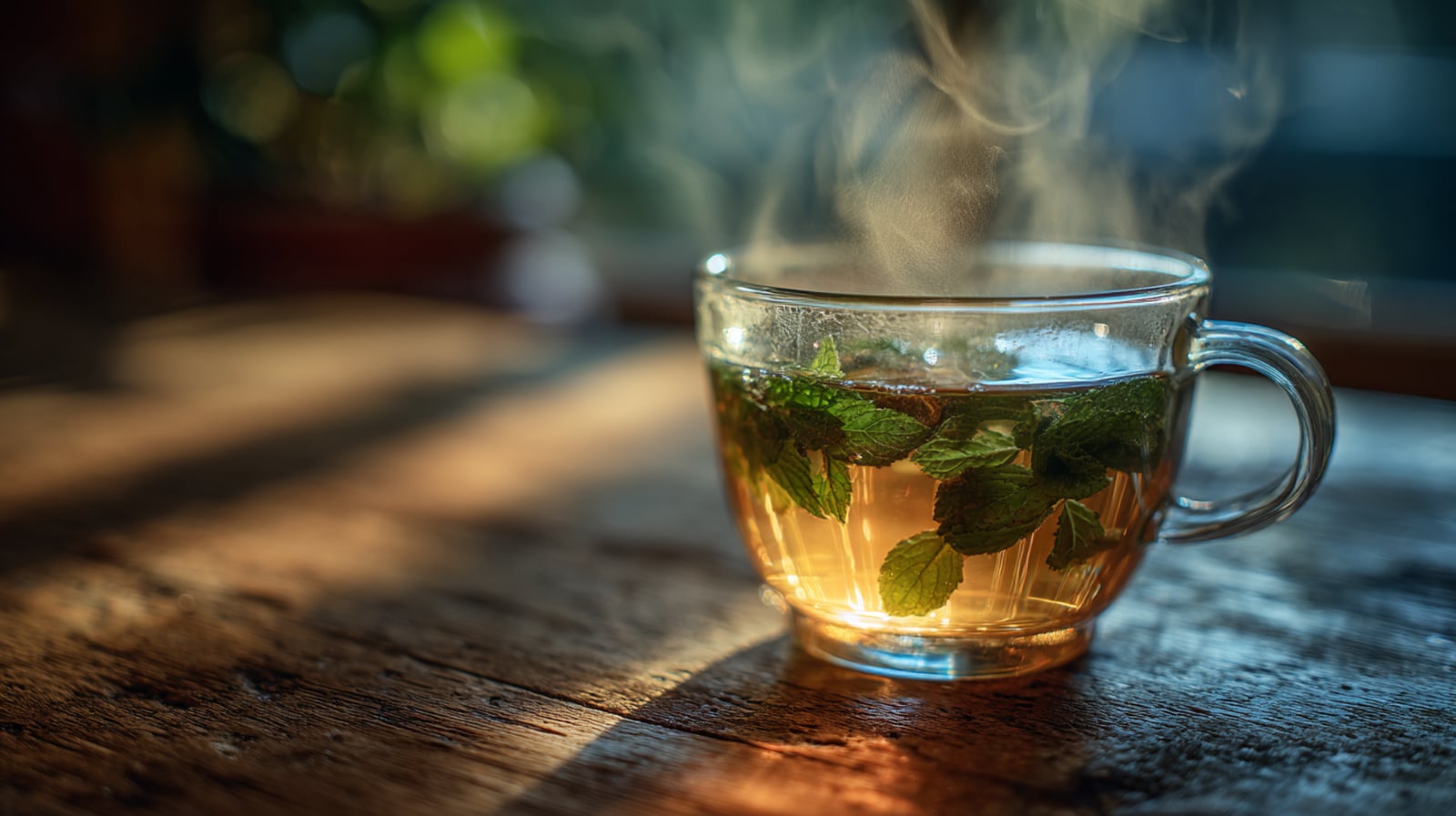 A clear glass teacup filled with steaming holy tulsi tea, with fresh tulsi leaves steeping inside.