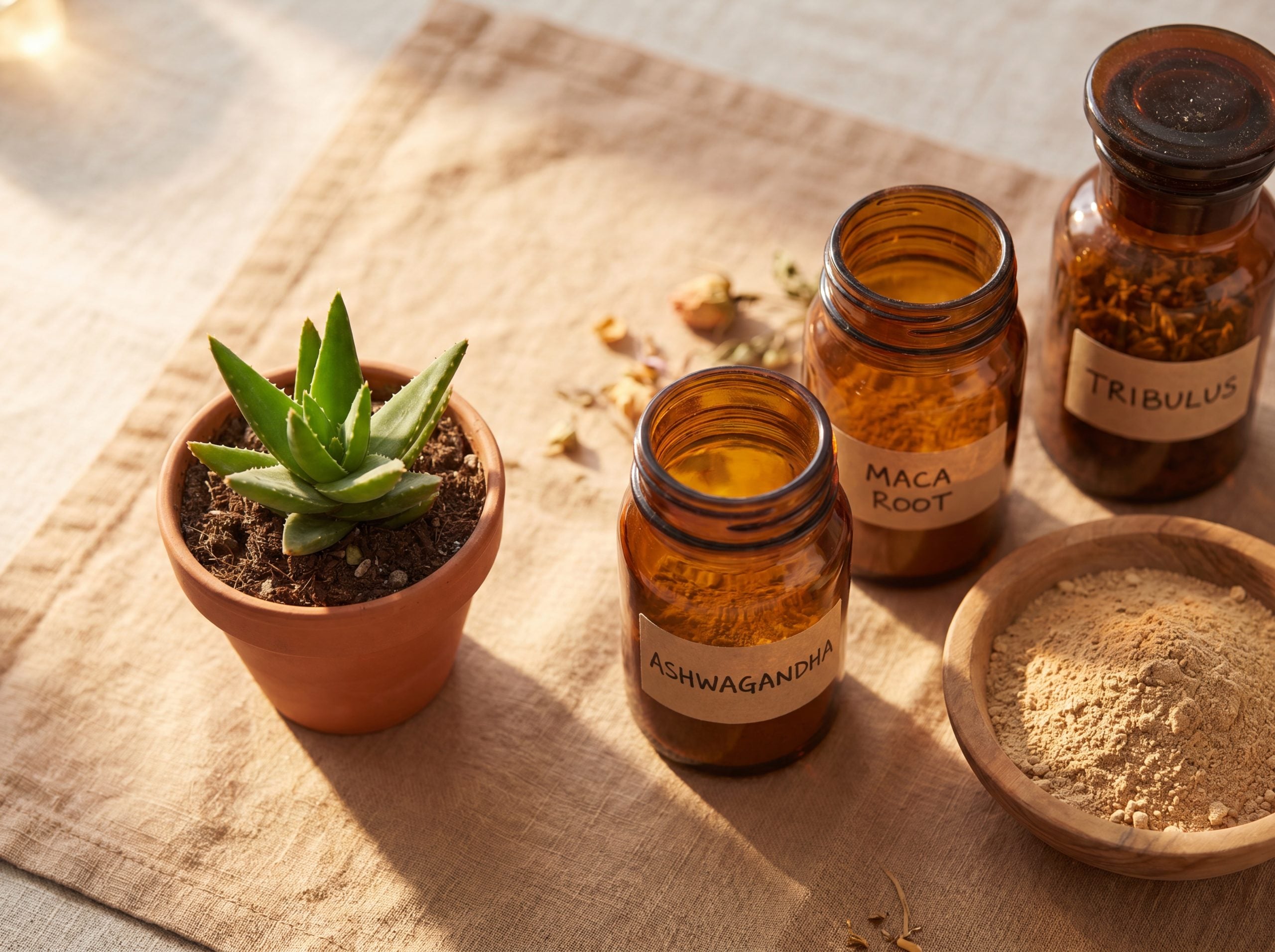 Bulbine natalensis succulent beside jars of companion men's-wellness herbs for combining supplements