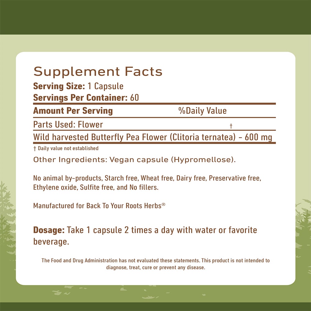 Butterfly Pea Capsules Supplement facts and ingredients for butterfly pea capsules, 600mg per serving.