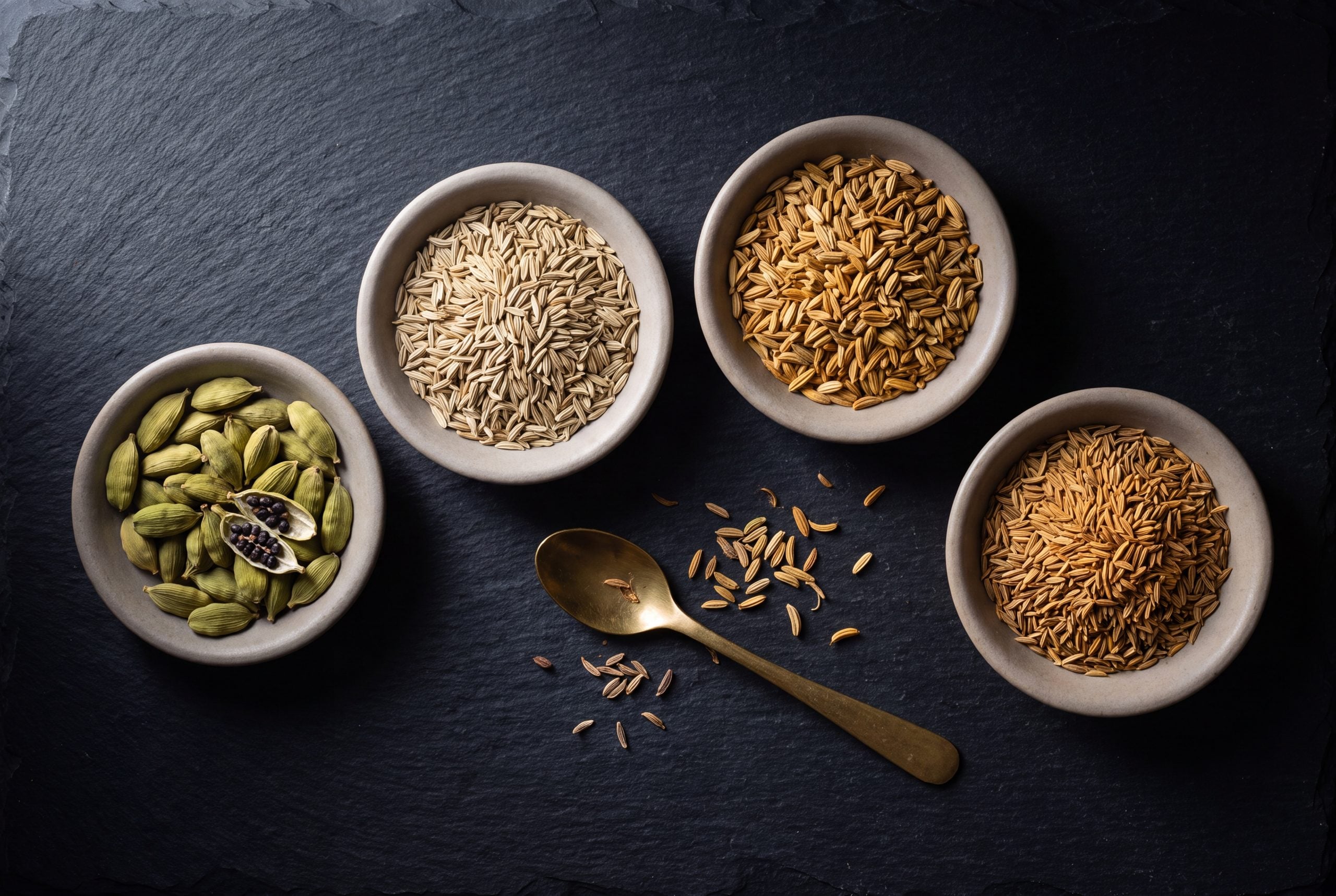 Cardamom, caraway, fennel, and cumin seeds, the carminative herbs used to relieve bloating and gas.