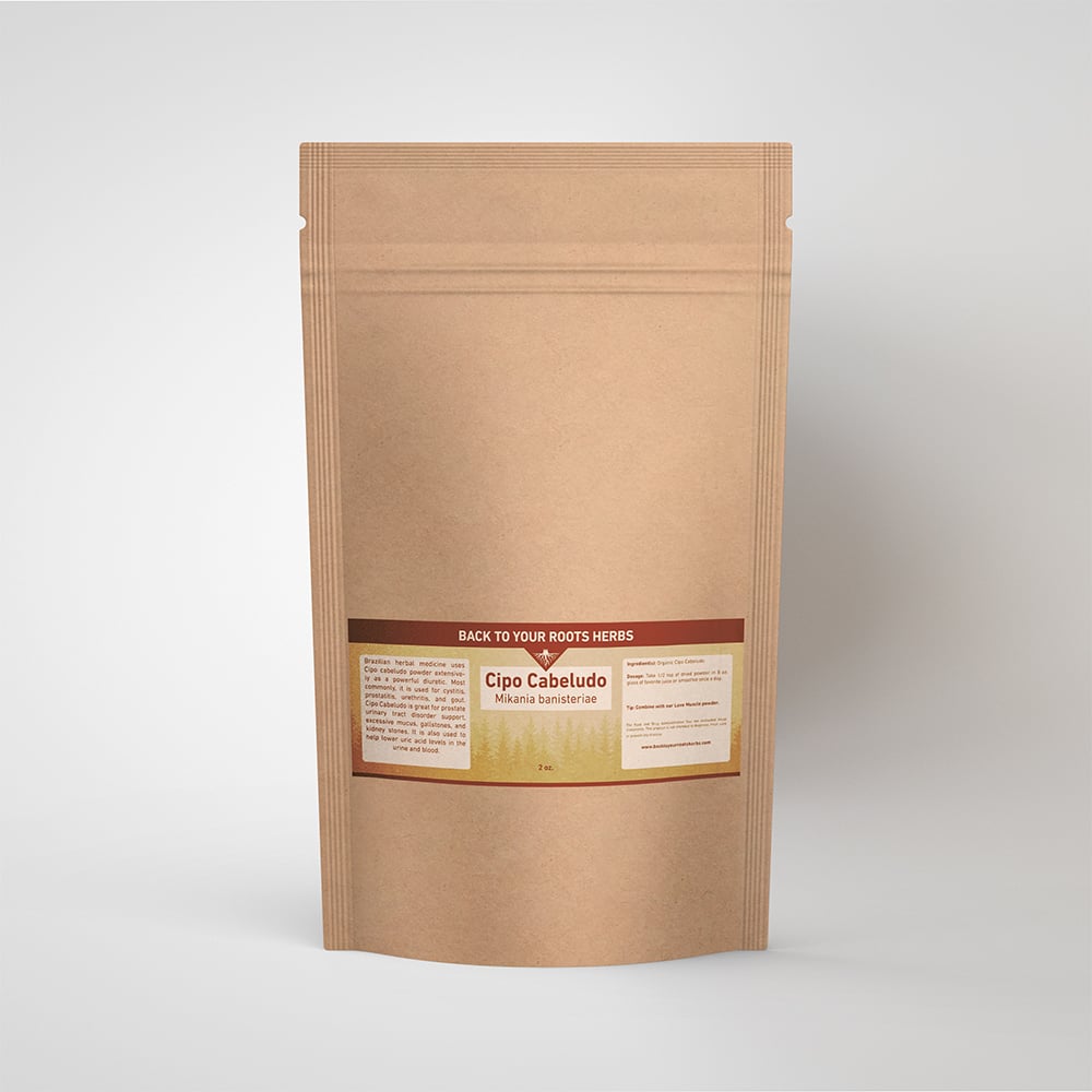Cipo Cabeludo Powder A brown kraft pouch of Back To Your Roots Herbs Cipo Cabeludo Powder, a traditional herb for supporting prostate and urinary tract health.