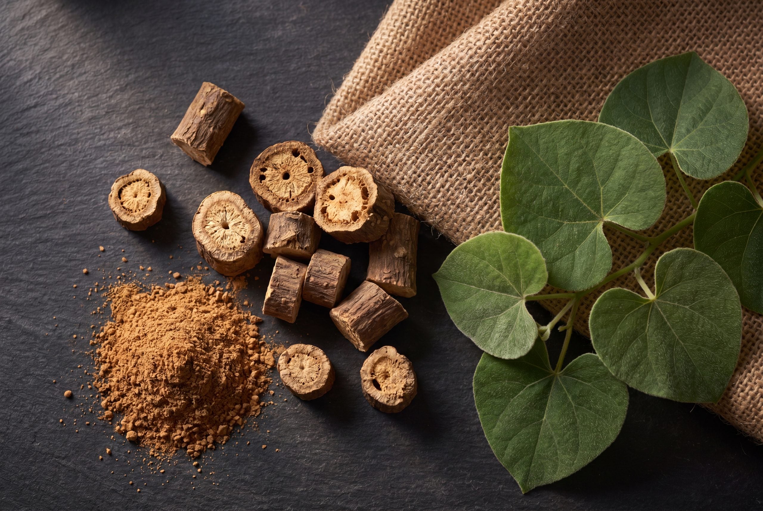 Dried Cissampelos pareira abuta root and milled powder on a dark slate surface