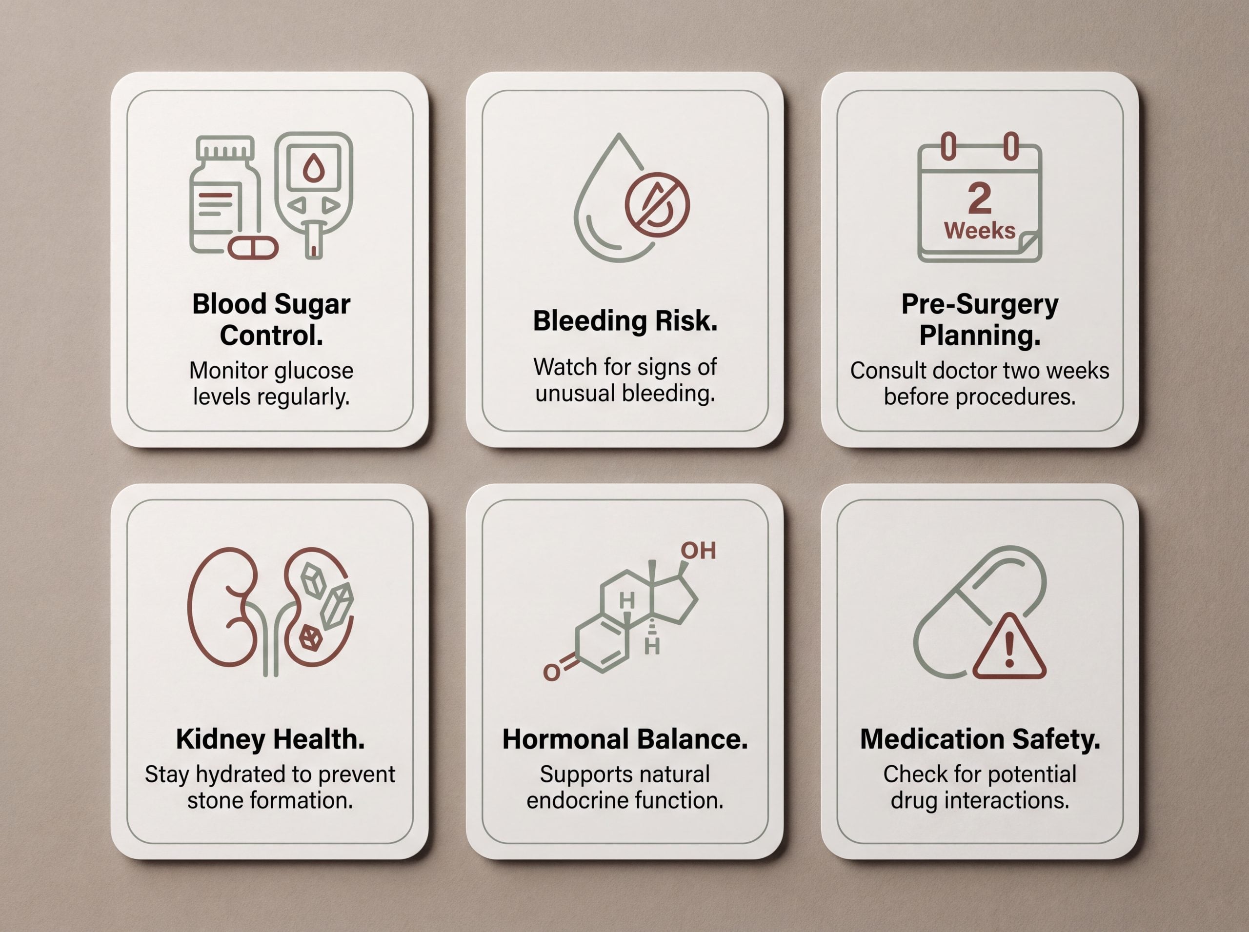 Infographic showing six cissus quadrangularis contraindications including medication interactions and surgery timing.