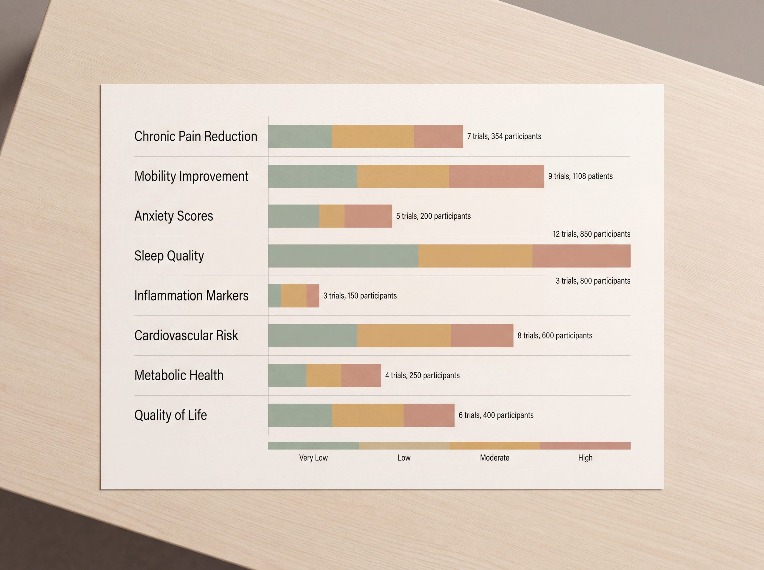 Infographic chart comparing cissus quadrangularis clinical outcomes by evidence certainty across pooled trial data.