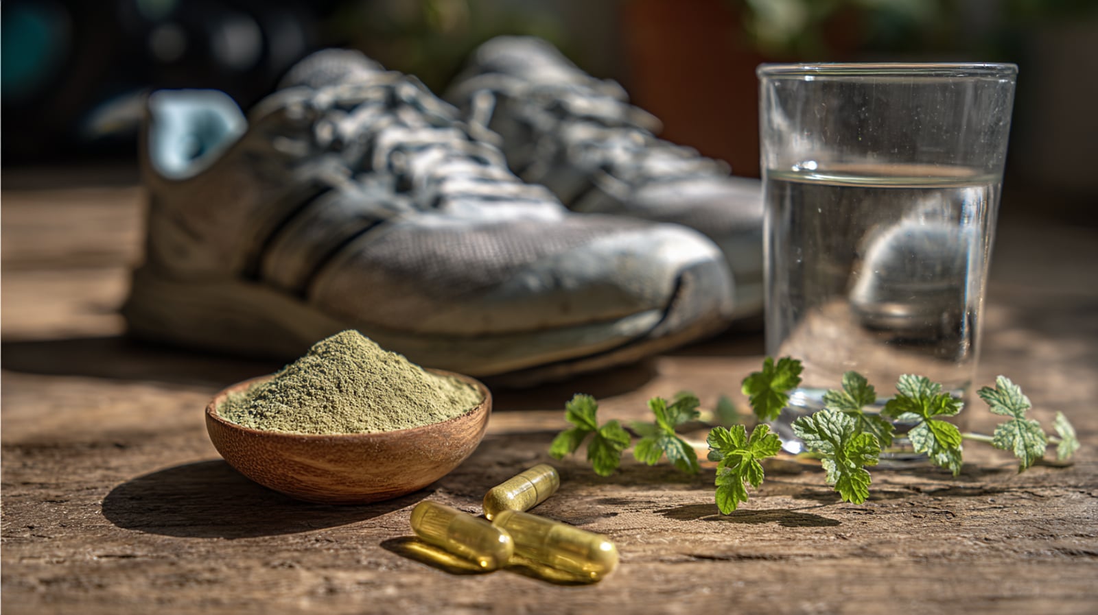 Running shoes next to a bowl of cissus quadrangularis powder, illustrating its use in weight and metabolic management.