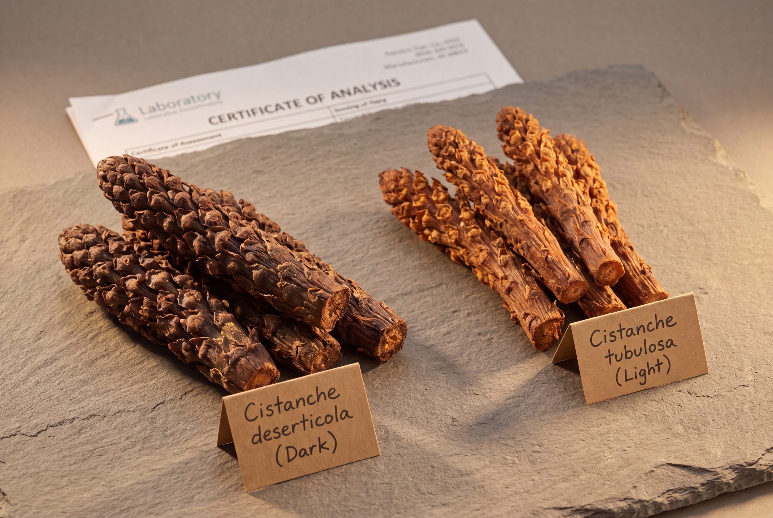 Side by side comparison of dried Cistanche deserticola and Cistanche tubulosa stems with certificate of analysis