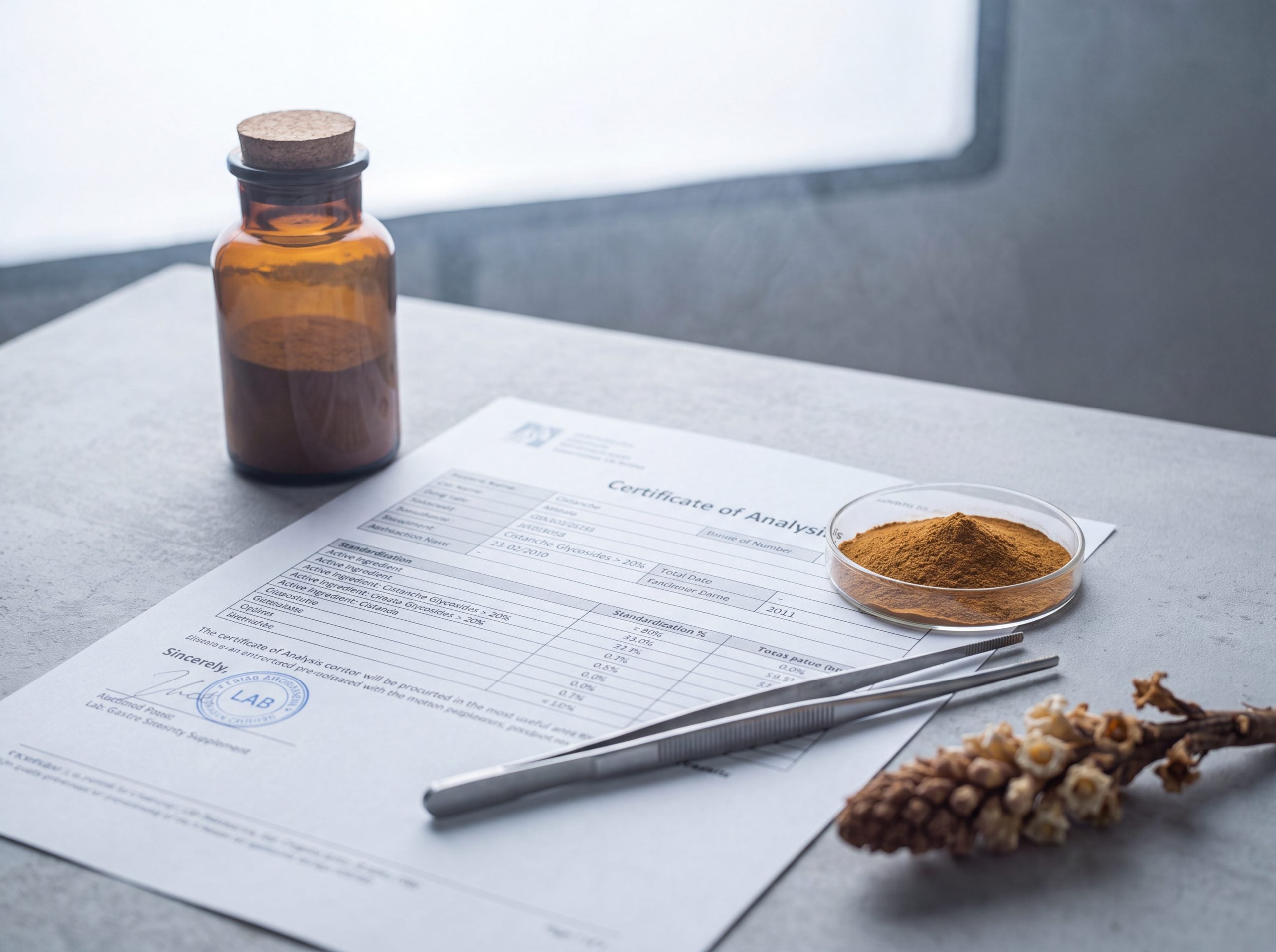 Cistanche supplement bottle with certificate of analysis showing echinacoside standardization percentage