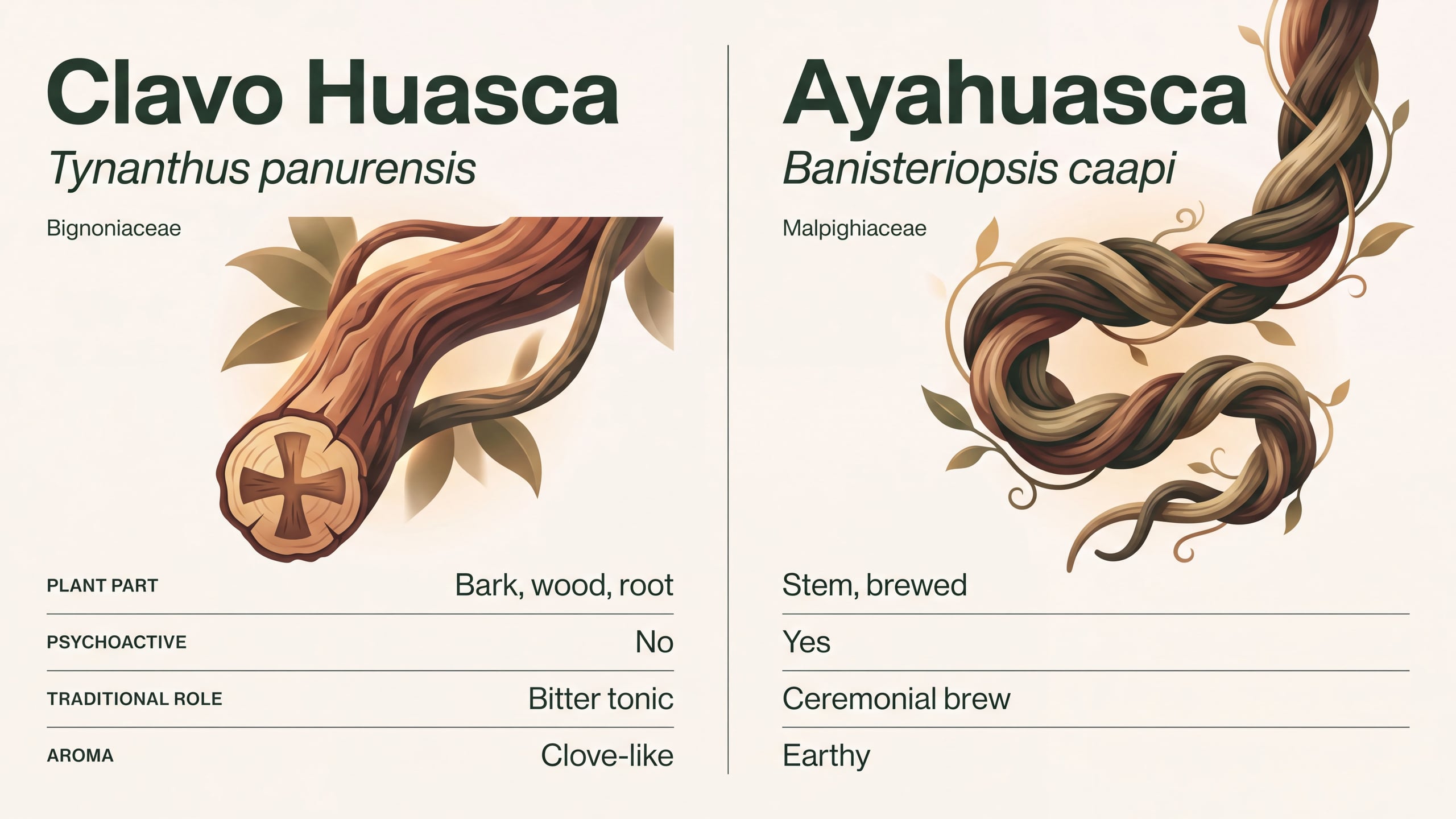 Diagram contrasting Tynanthus panurensis with Banisteriopsis caapi by family and psychoactivity