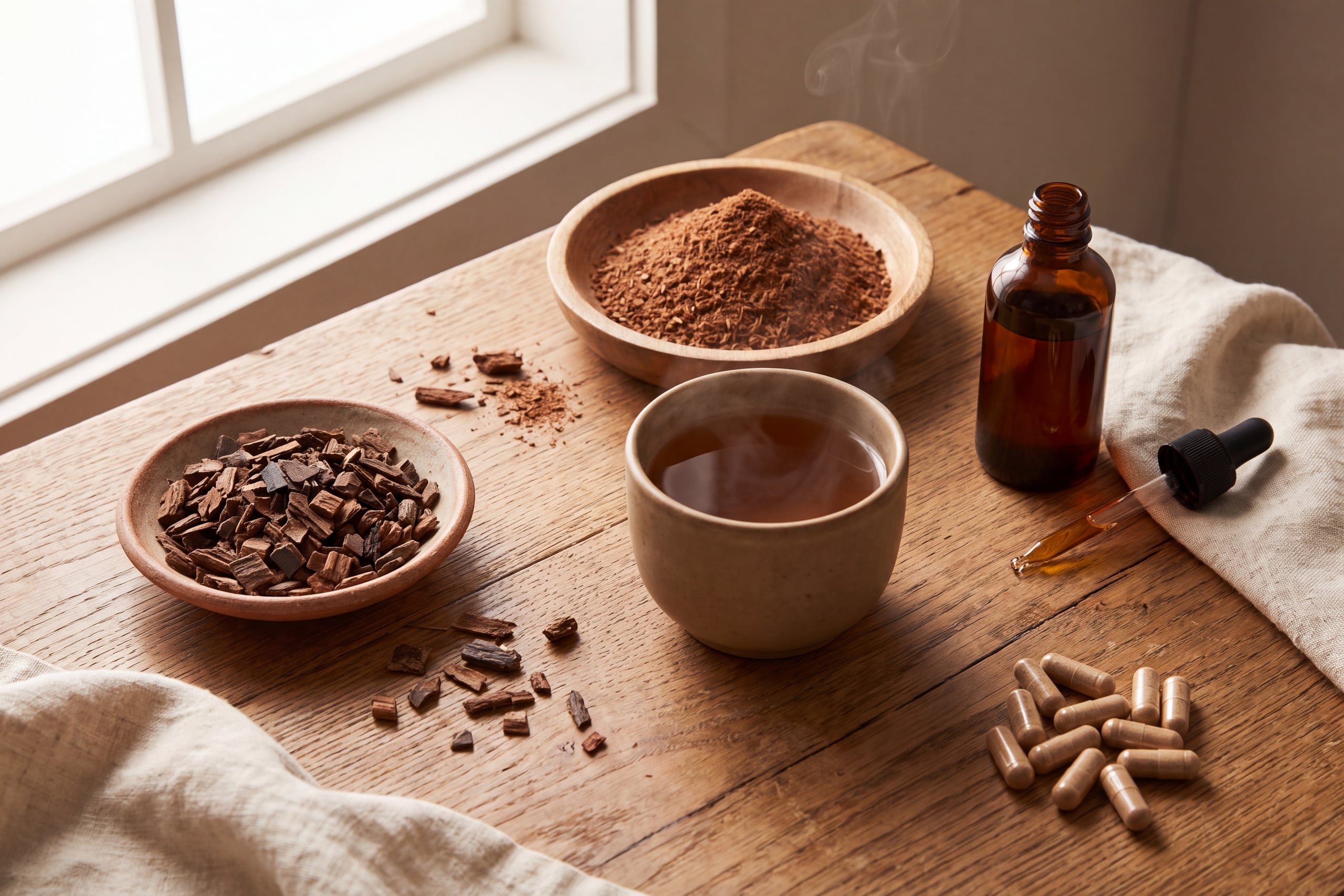 Clavo huasca bark chips, powder, tincture and capsules arranged beside a cup of infusion