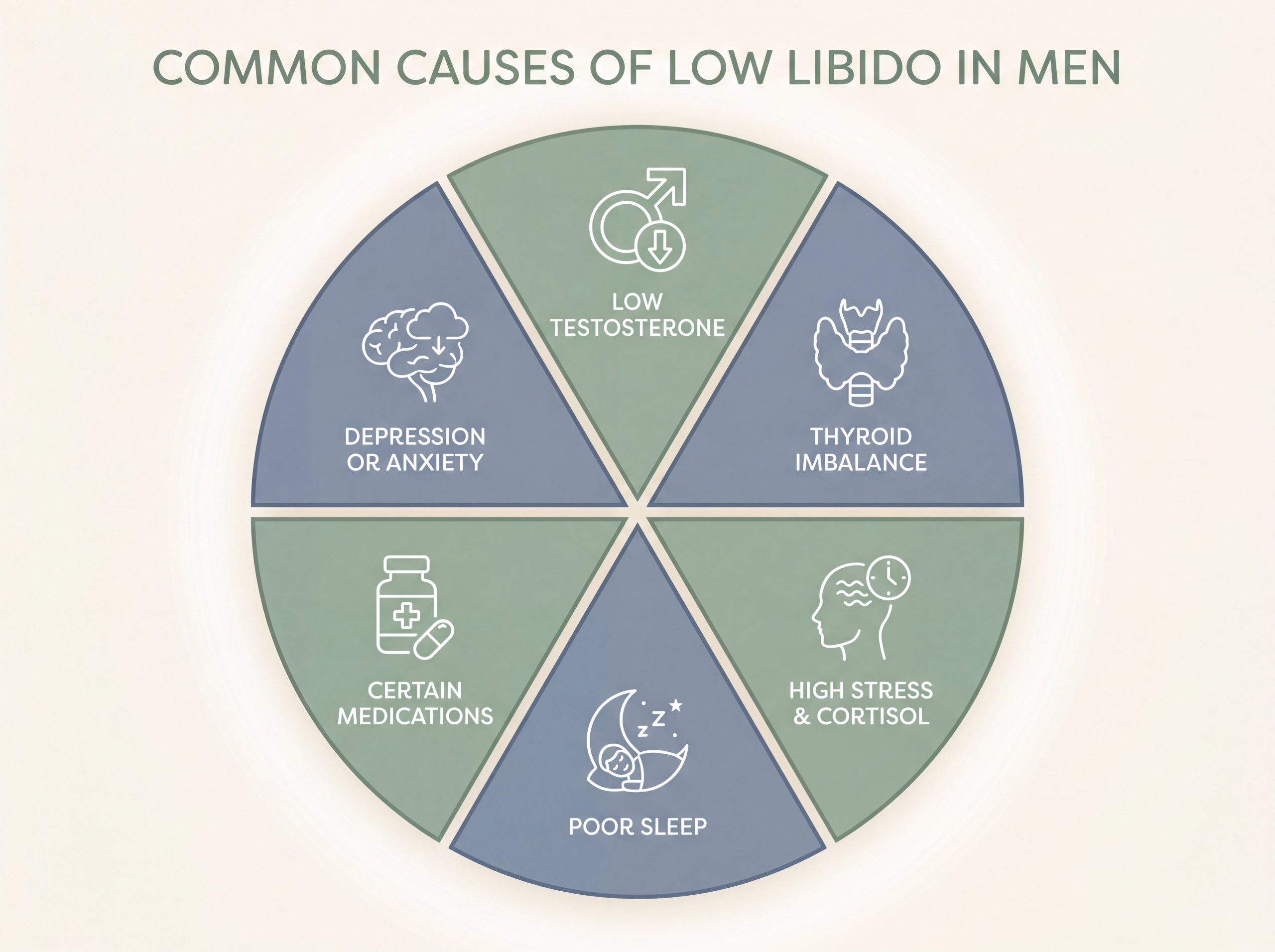 Infographic showing six common medical and lifestyle causes of low libido in men