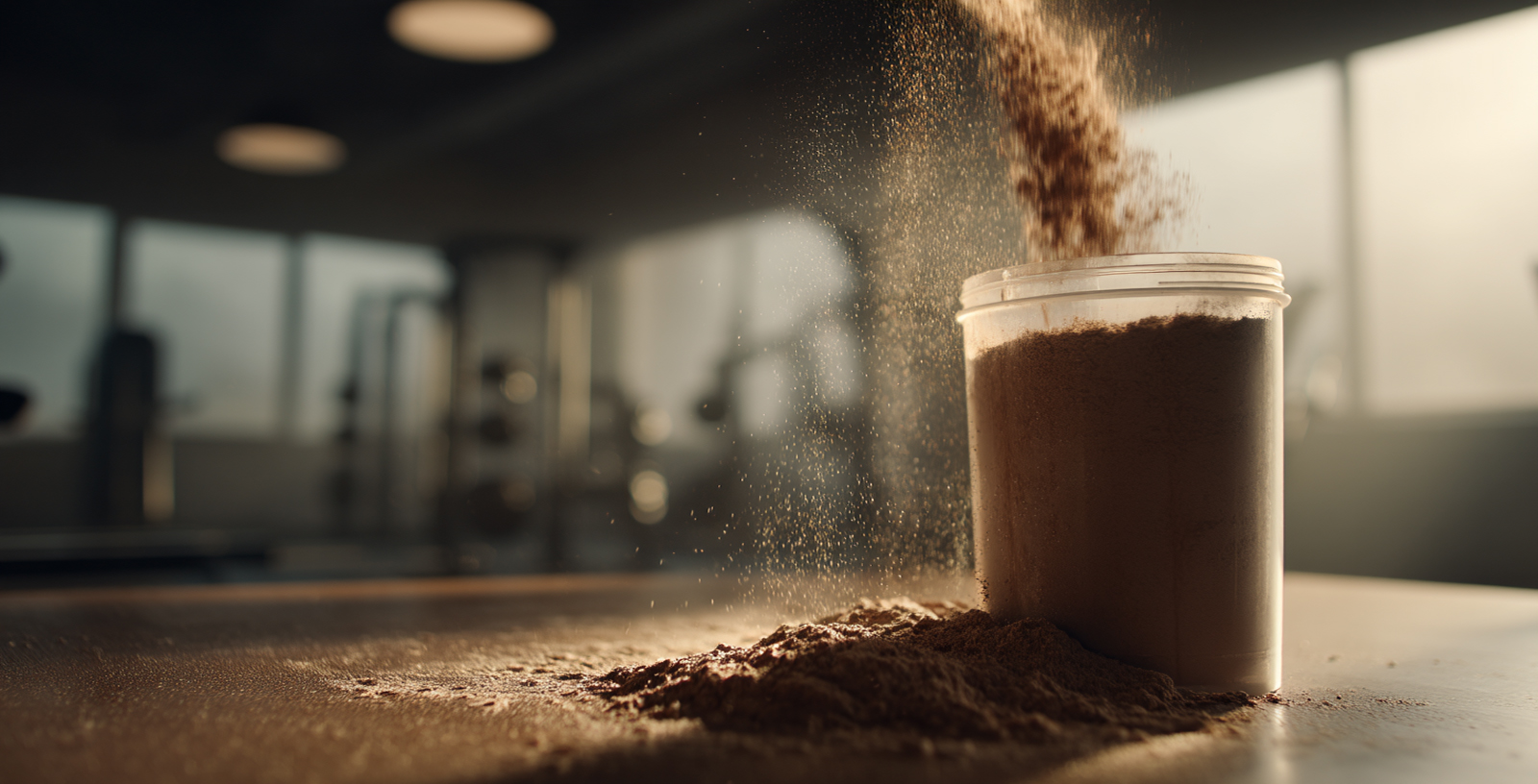 A scoop of brown cordyceps mushroom powder being added to a protein shaker before a workout.