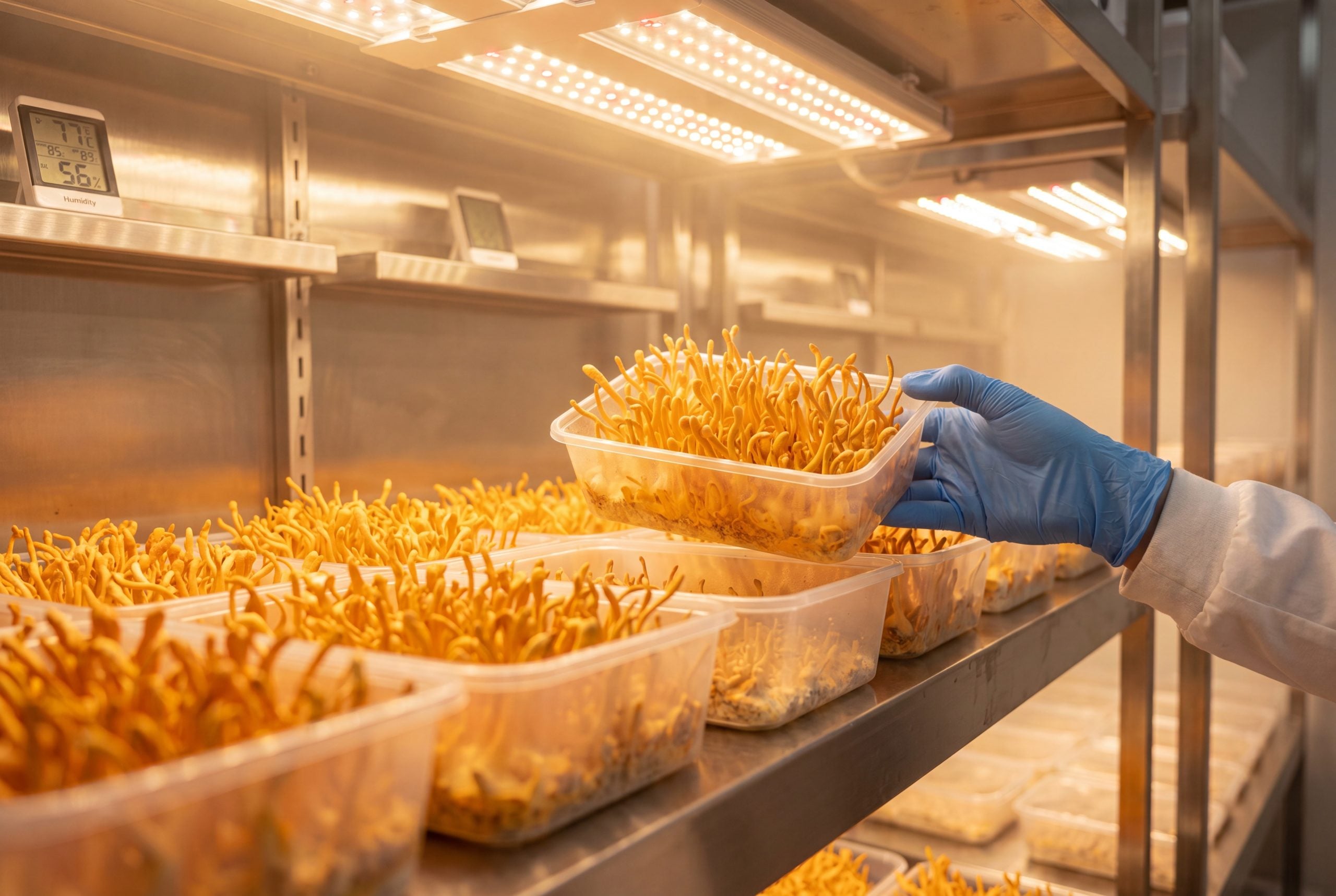 Cultivated cordyceps militaris in trays illustrating cordyceps supplement sourcing and quality