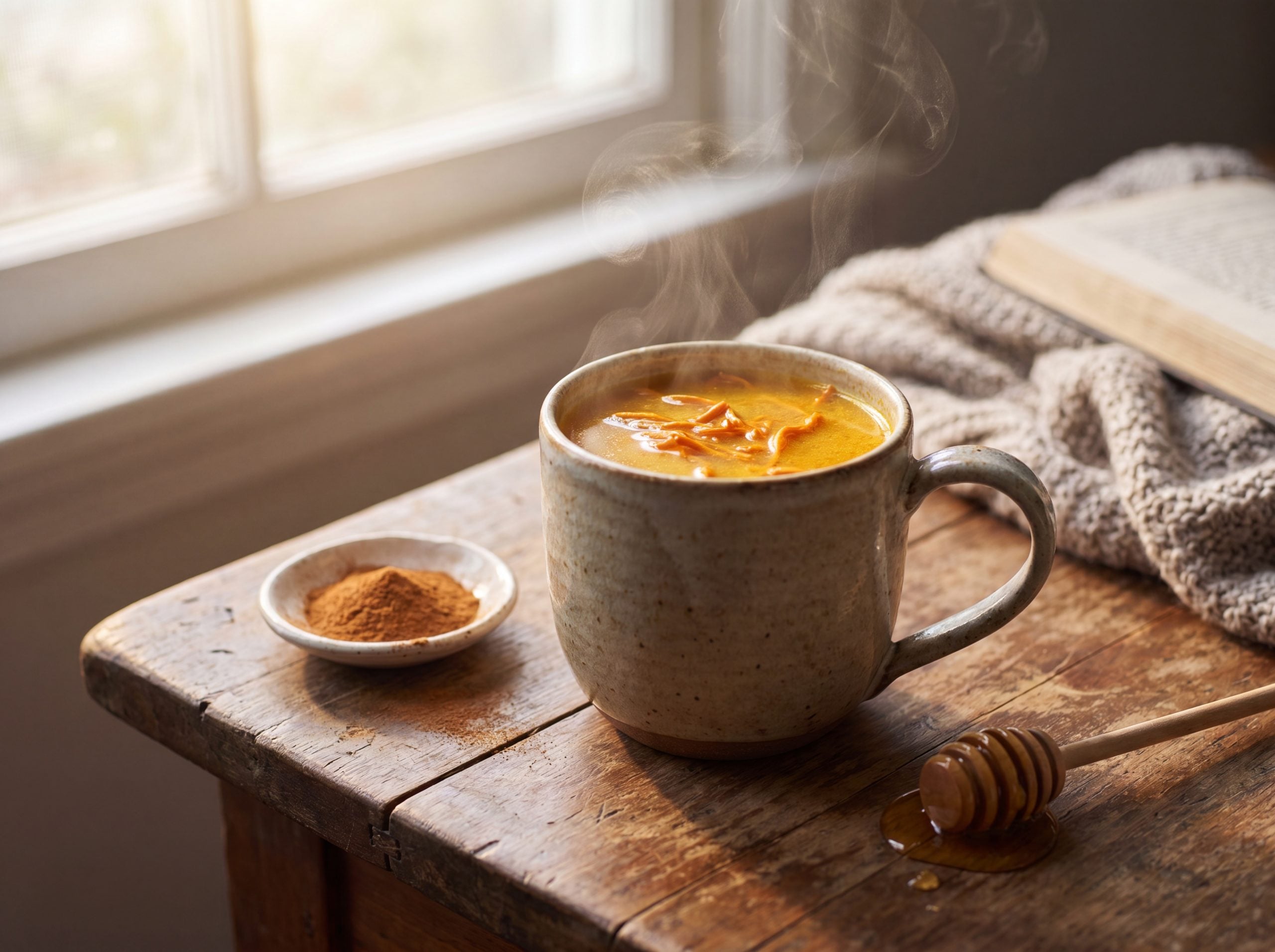 Cordyceps vitality drink in a mug with cinnamon and honey