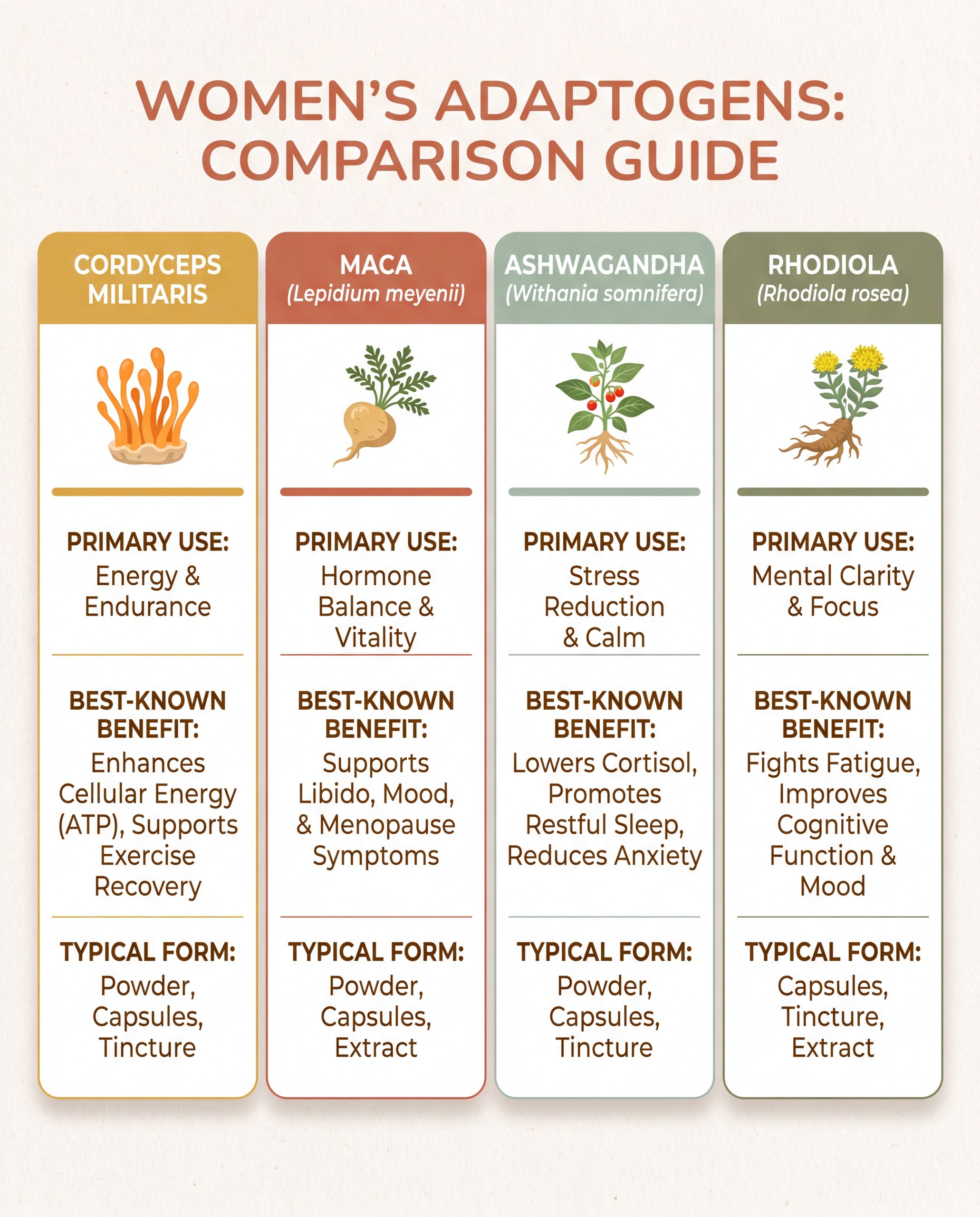 Comparison infographic of cordyceps, maca, ashwagandha, and rhodiola for women