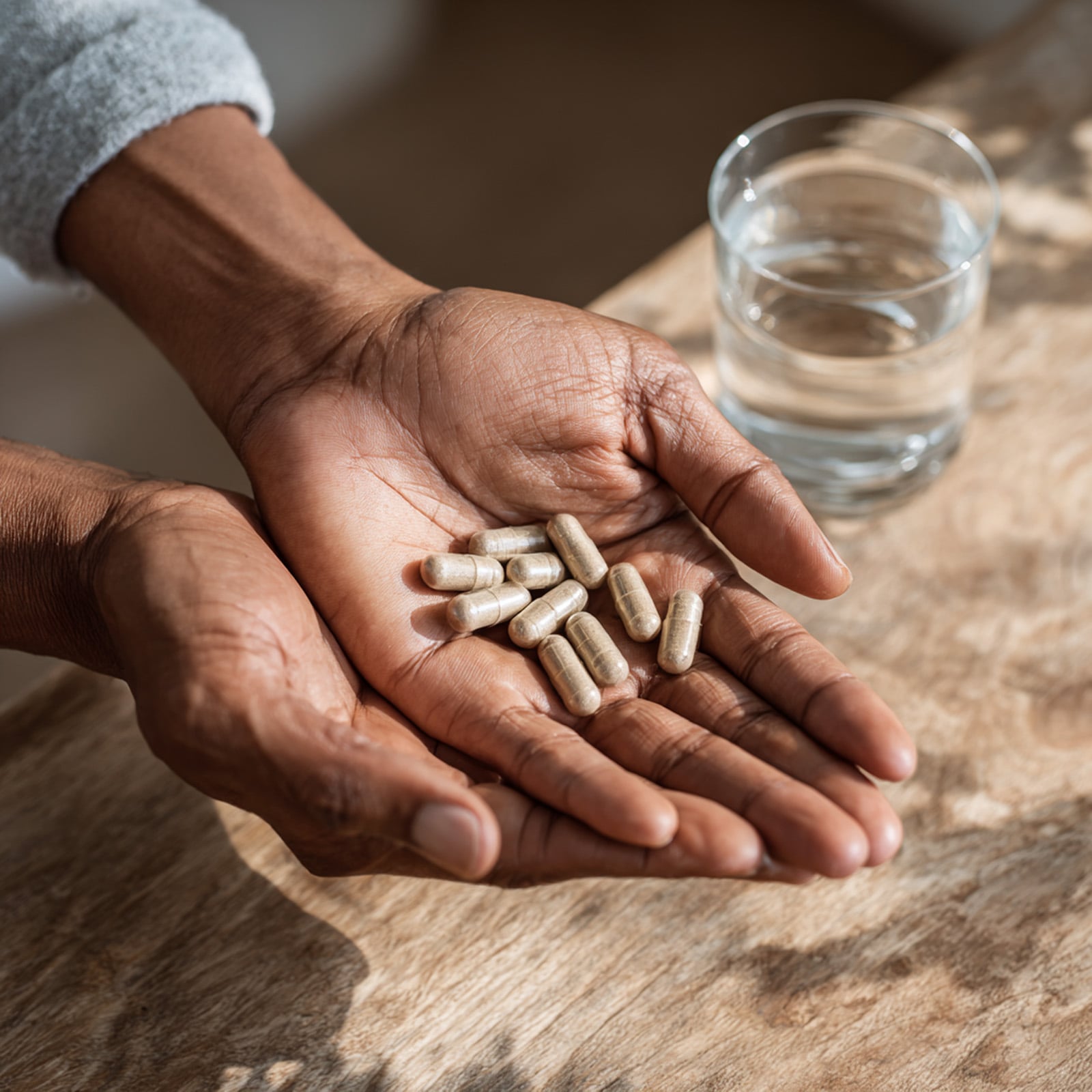 A person holding the recommended daily dosage of ashwagandha capsules to support sex drive.