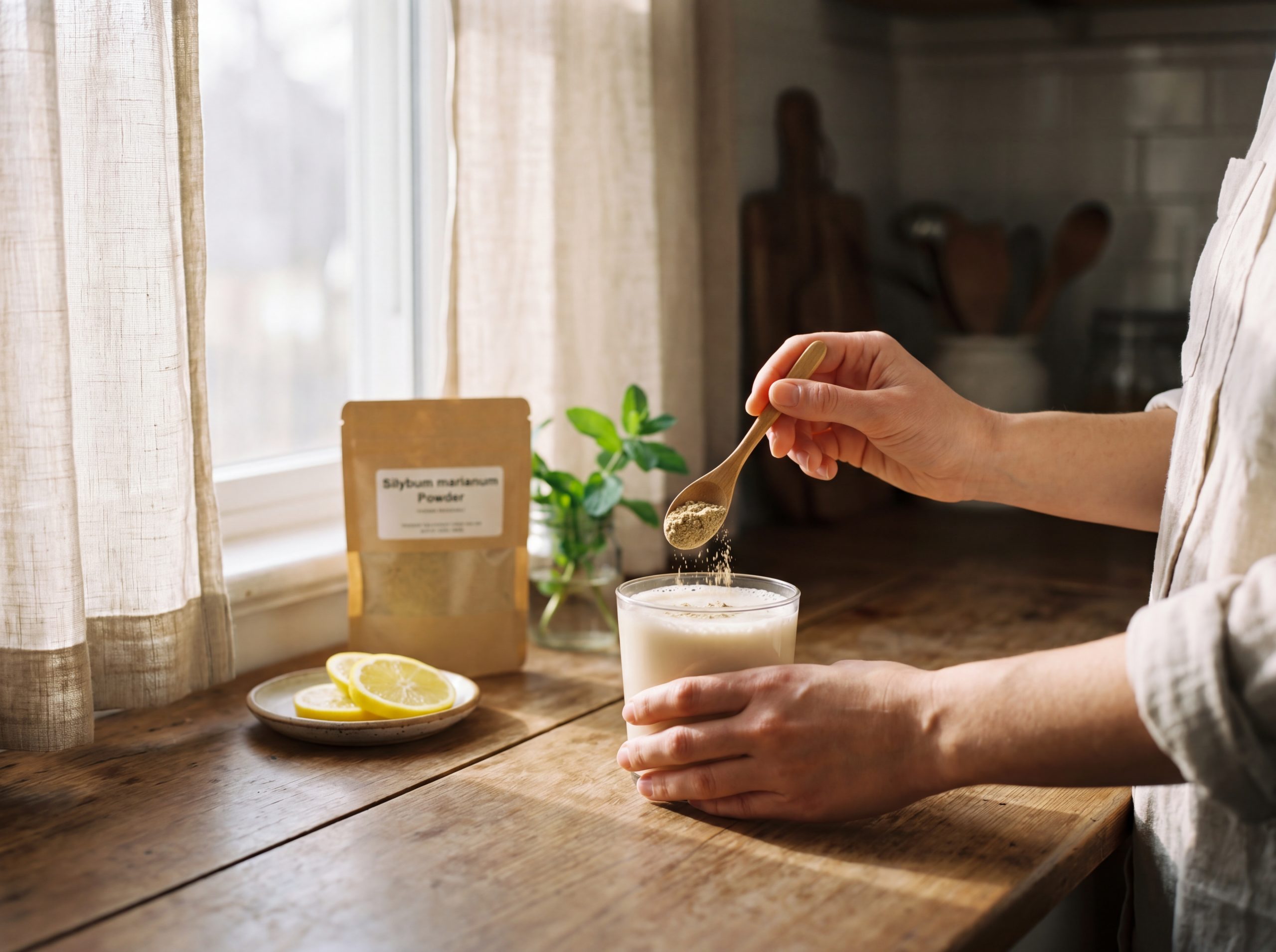Hands preparing a daily milk thistle for hangover liver support routine with cold-milled seed powder in warm almond milk