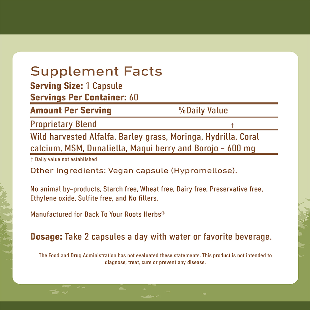 Daily Multivitamin Capsules Supplement facts and ingredients list for Back To Your Roots Herbs daily multivitamin capsules.