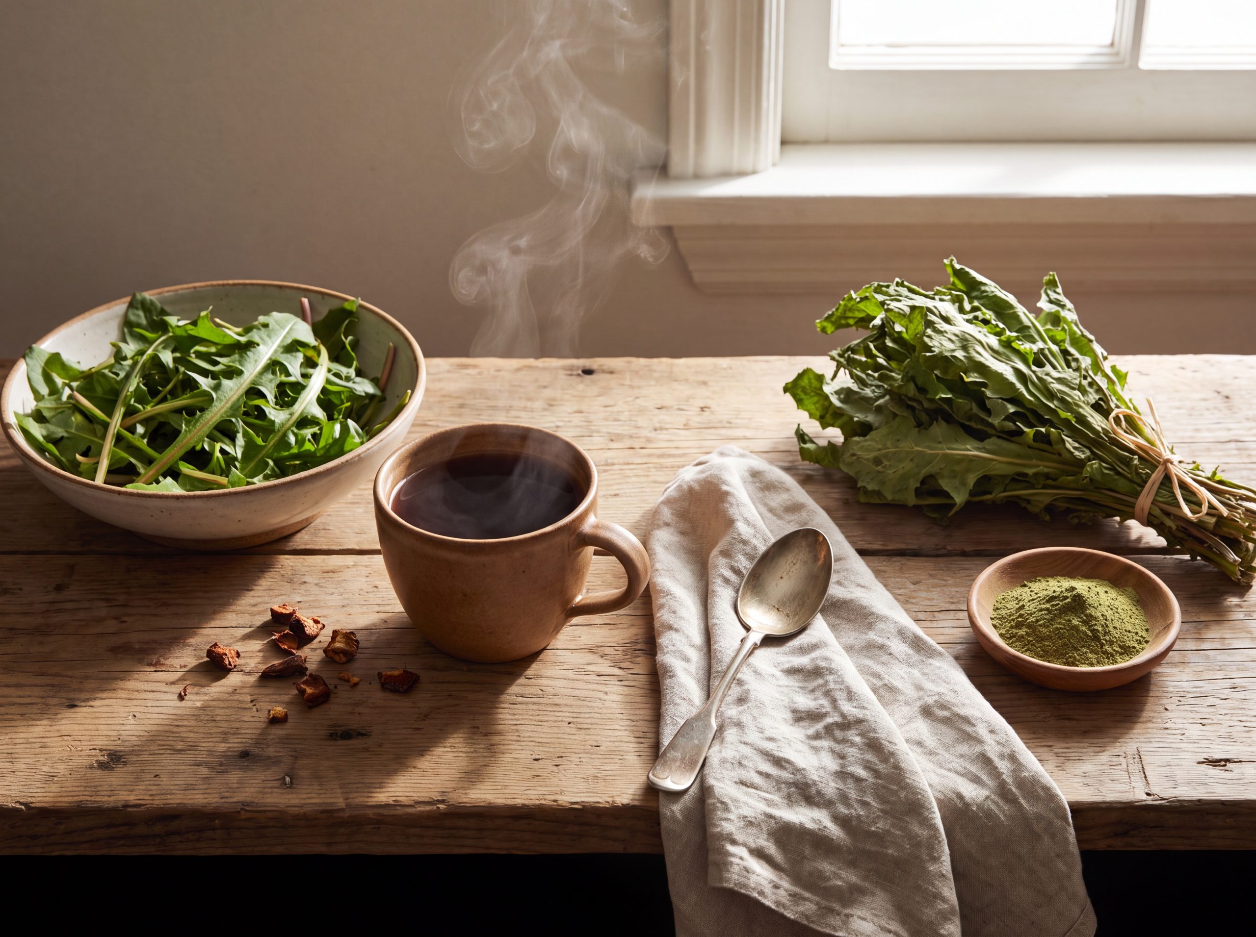 Dandelion greens and roasted-root drink beside dried wild lettuce leaf and powder