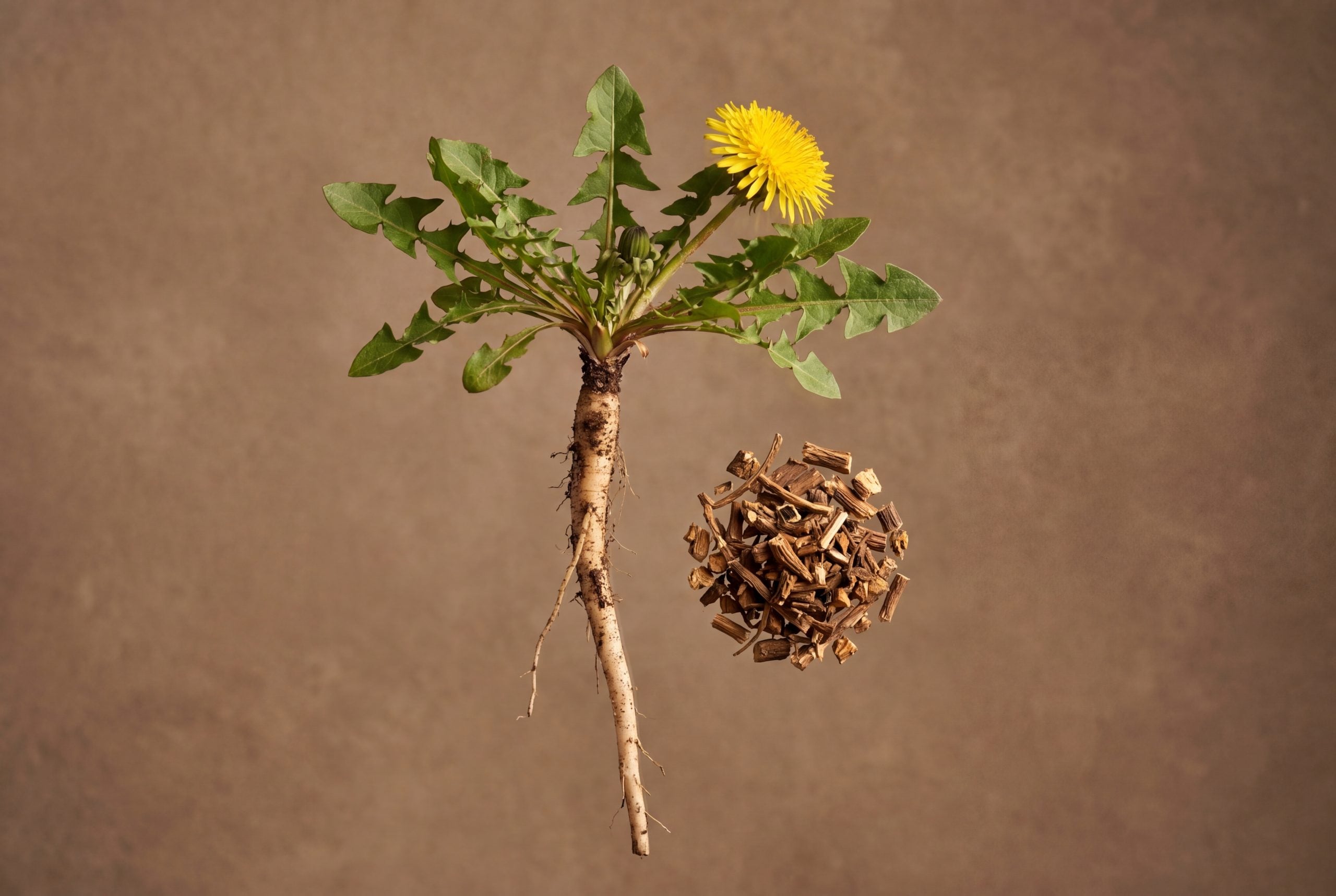 Whole dandelion plant with taproot intact showing the source of natural liver support herbs from Taraxacum officinale