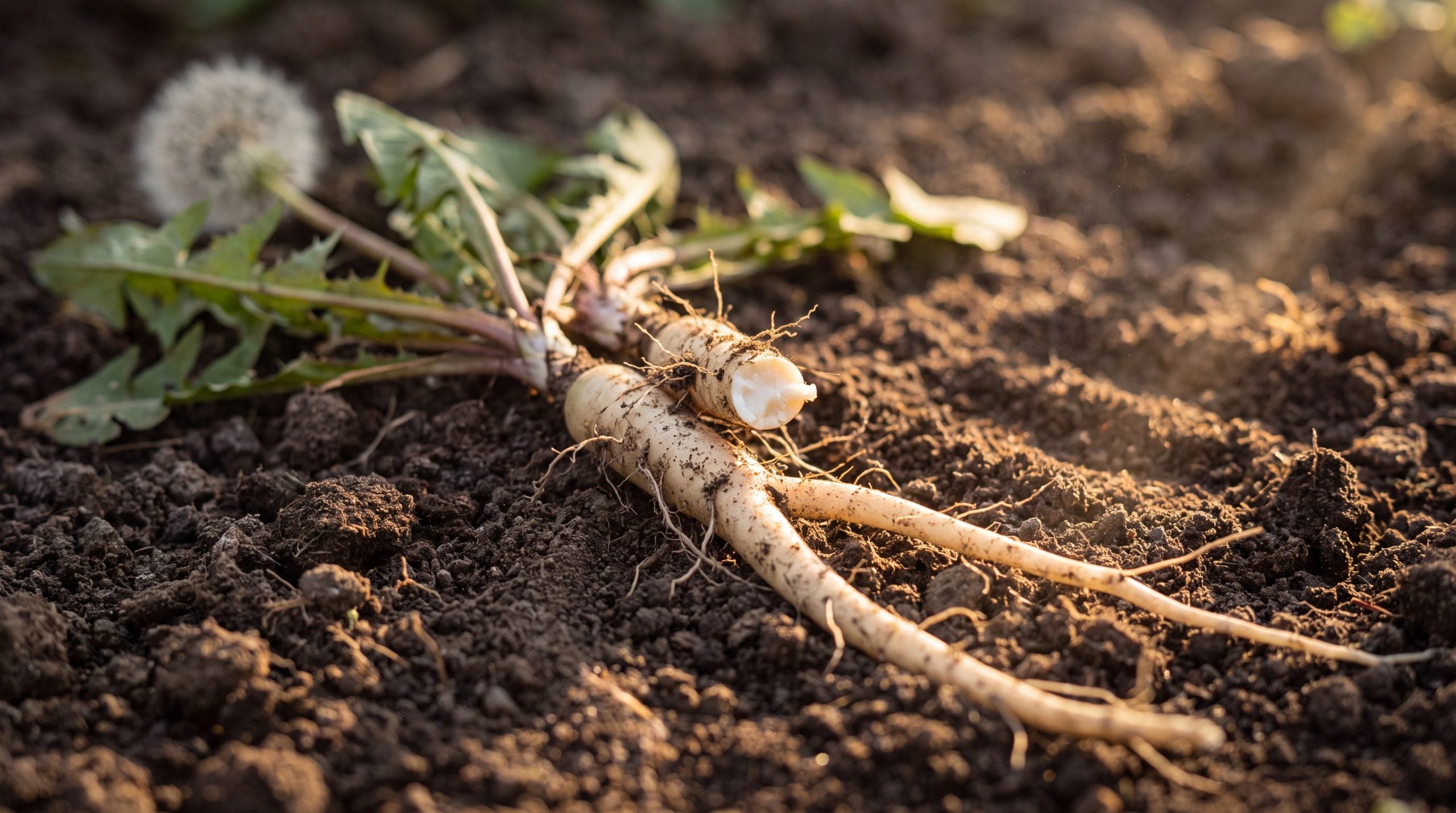 Freshly harvested dandelion roots, a source of prebiotic inulin that supports gut bacteria and digestive health.