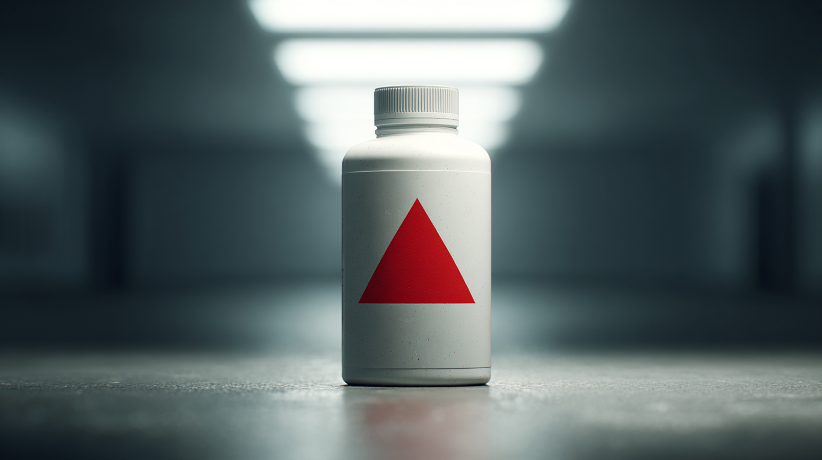 A supplement bottle with a red warning symbol, illustrating the potential dangers of hidden ingredients in unregulated male enhancement products.