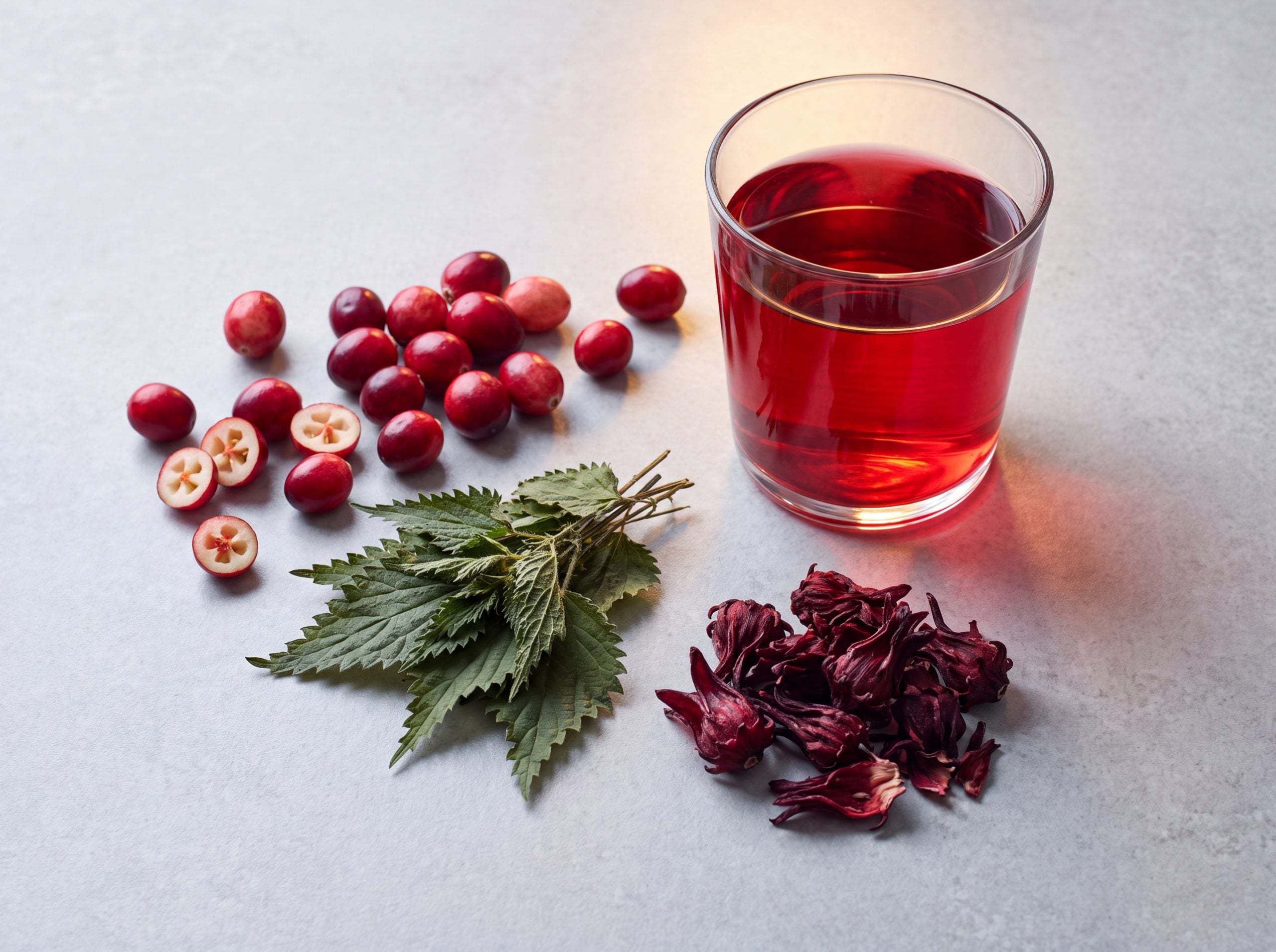 Cranberries, dried nettle leaf and hibiscus calyces with a glass of ruby hibiscus infusion on stone
